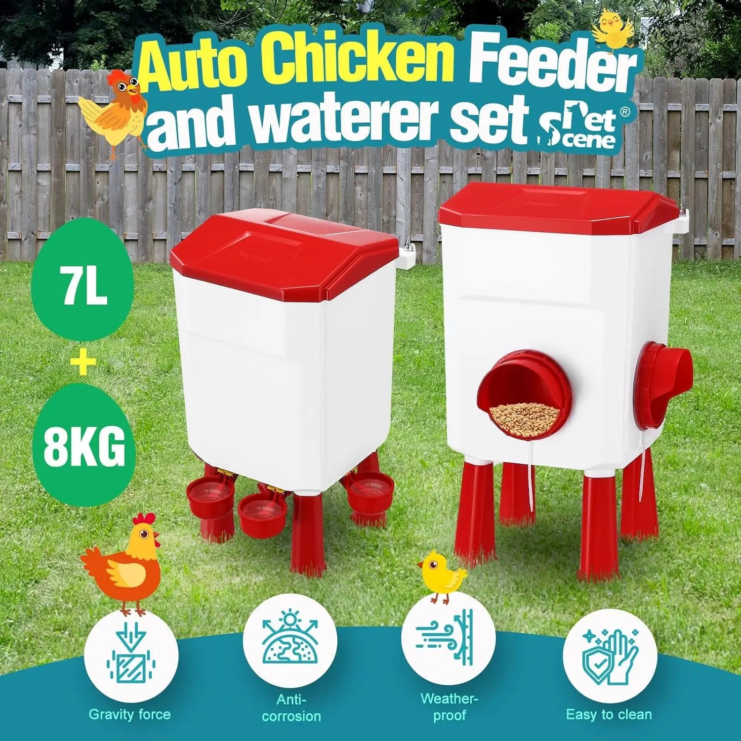 CARLA HOME Automatic Chicken Feeder Waterer Set with 8KG Food 7L Water Capacity for Coop, Chickens, Ducks, Quails (Red) Wholesale Hub
