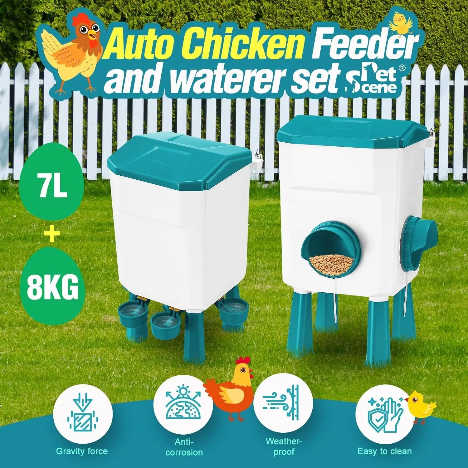 CARLA HOME Automatic Chicken Feeder Waterer Set with 8KG Food 7L Water Capacity for Coop, Chickens, Ducks, Quails (Blue) Wholesale Hub