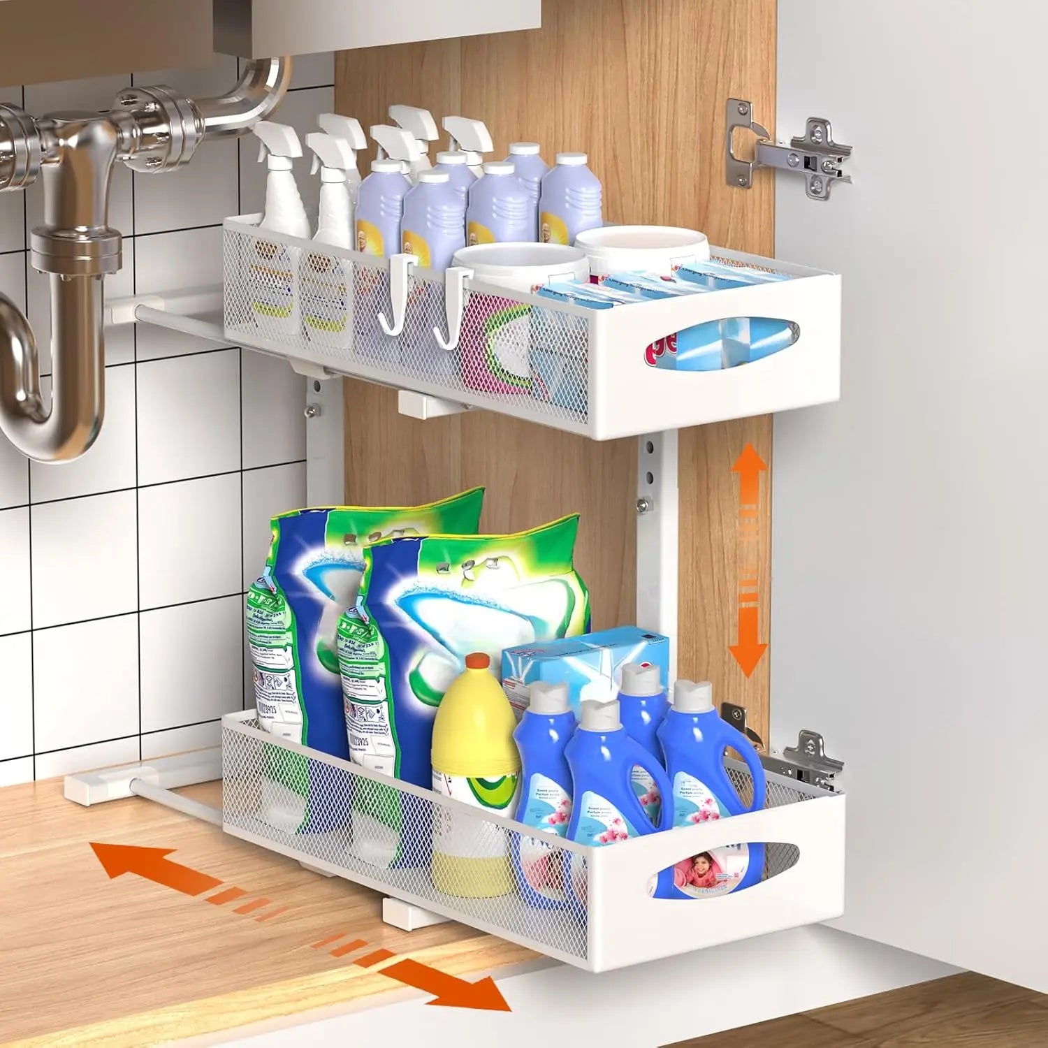 CARLA HOME 2 Tier Under Sink Organizer Pull Out Sliding Cabinet Storage Shelf with Height Adjustable for Kitchen, Bathroom or Laundry Room (White) Wholesale Hub
