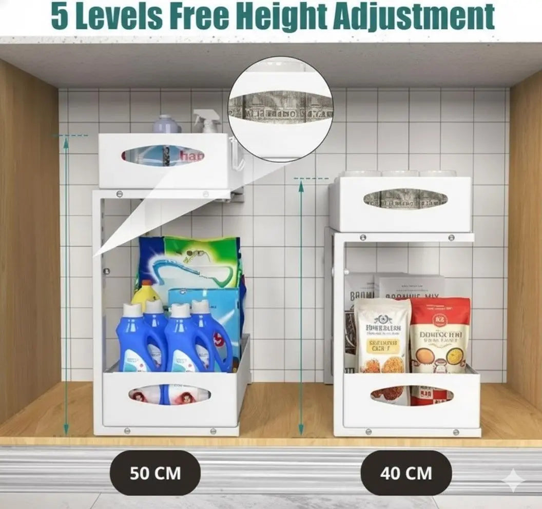CARLA HOME 2 Tier Under Sink Organizer Pull Out Sliding Cabinet Storage Shelf with Height Adjustable for Kitchen, Bathroom or Laundry Room (White) Wholesale Hub