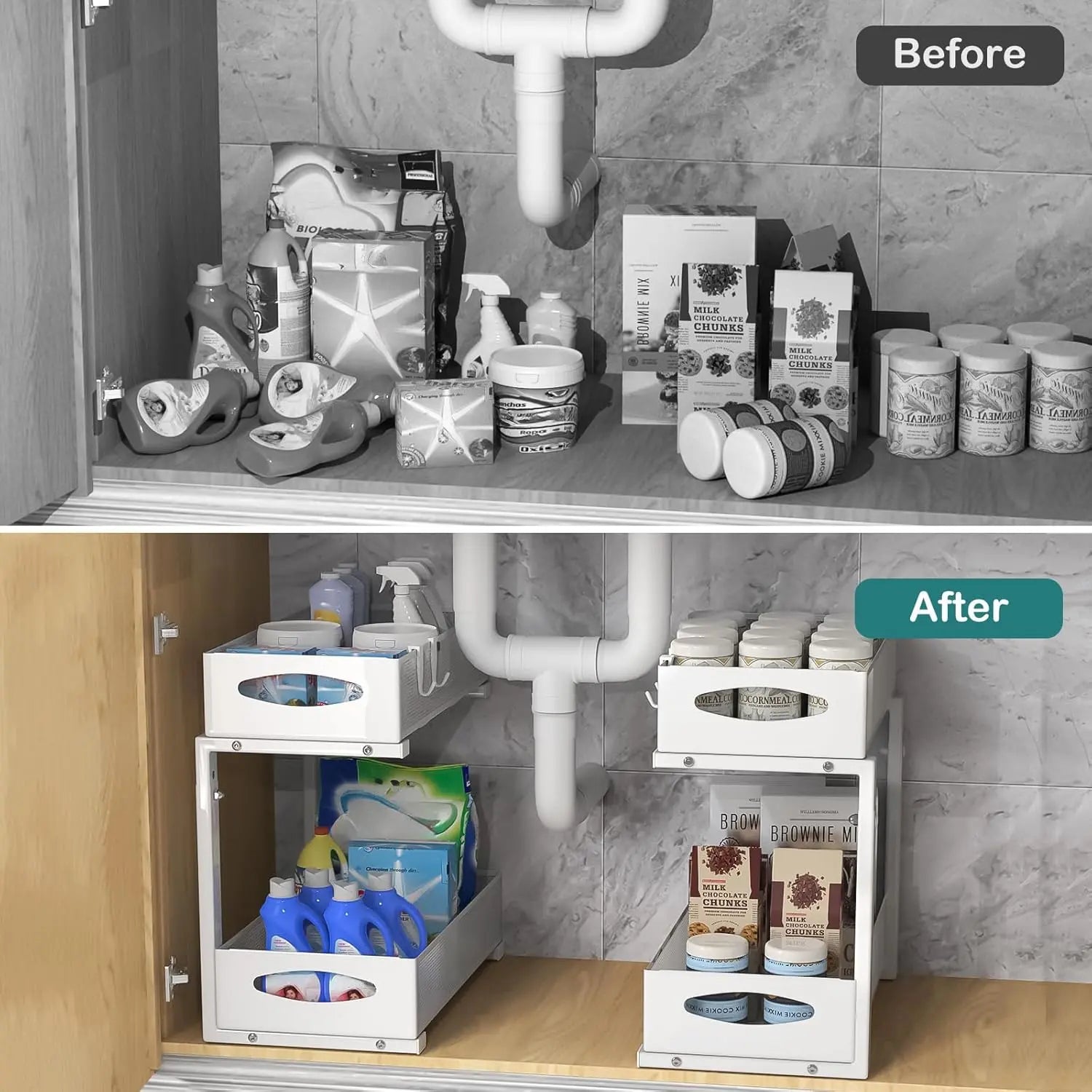 CARLA HOME 2 Tier Under Sink Organizer Pull Out Sliding Cabinet Storage Shelf with Height Adjustable for Kitchen, Bathroom or Laundry Room (White) Wholesale Hub
