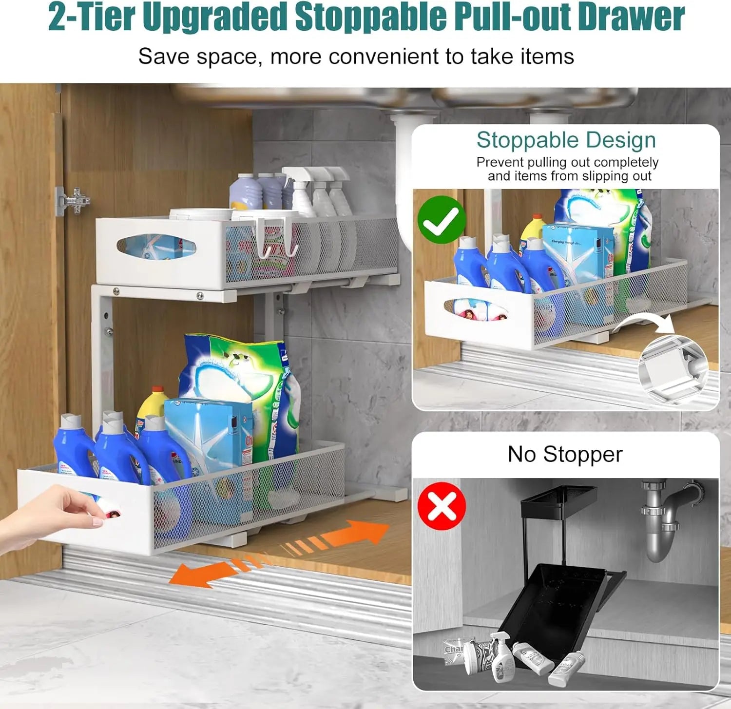 CARLA HOME 2 Tier Under Sink Organizer Pull Out Sliding Cabinet Storage Shelf with Height Adjustable for Kitchen, Bathroom or Laundry Room (White) Wholesale Hub