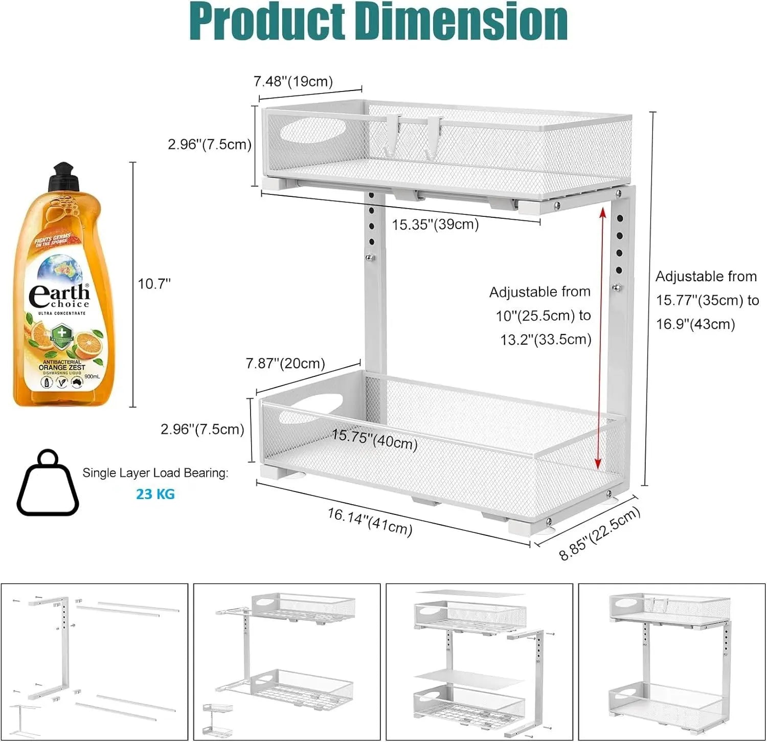 CARLA HOME 2 Tier Under Sink Organizer Pull Out Sliding Cabinet Storage Shelf with Height Adjustable for Kitchen, Bathroom or Laundry Room (White) Wholesale Hub