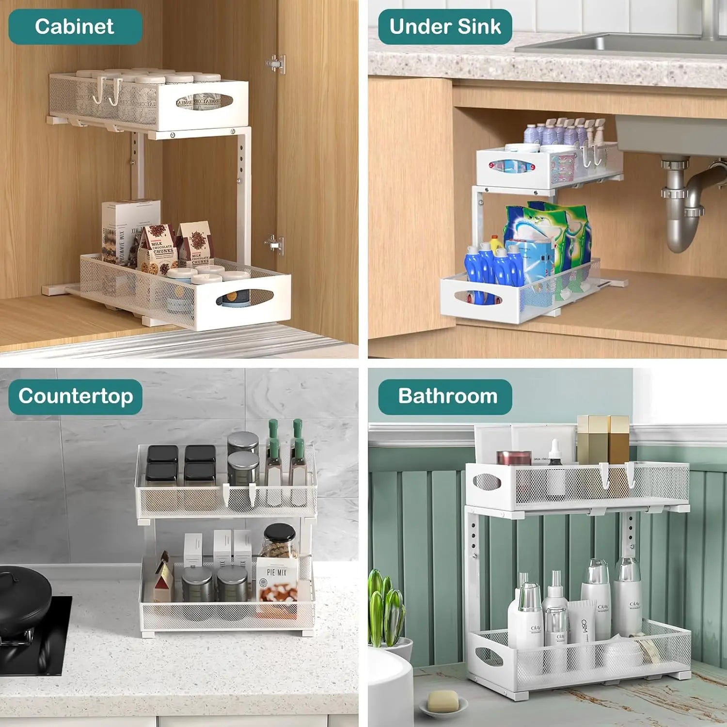 CARLA HOME 2 Tier Under Sink Organizer Pull Out Sliding Cabinet Storage Shelf with Height Adjustable for Kitchen, Bathroom or Laundry Room (White) Wholesale Hub