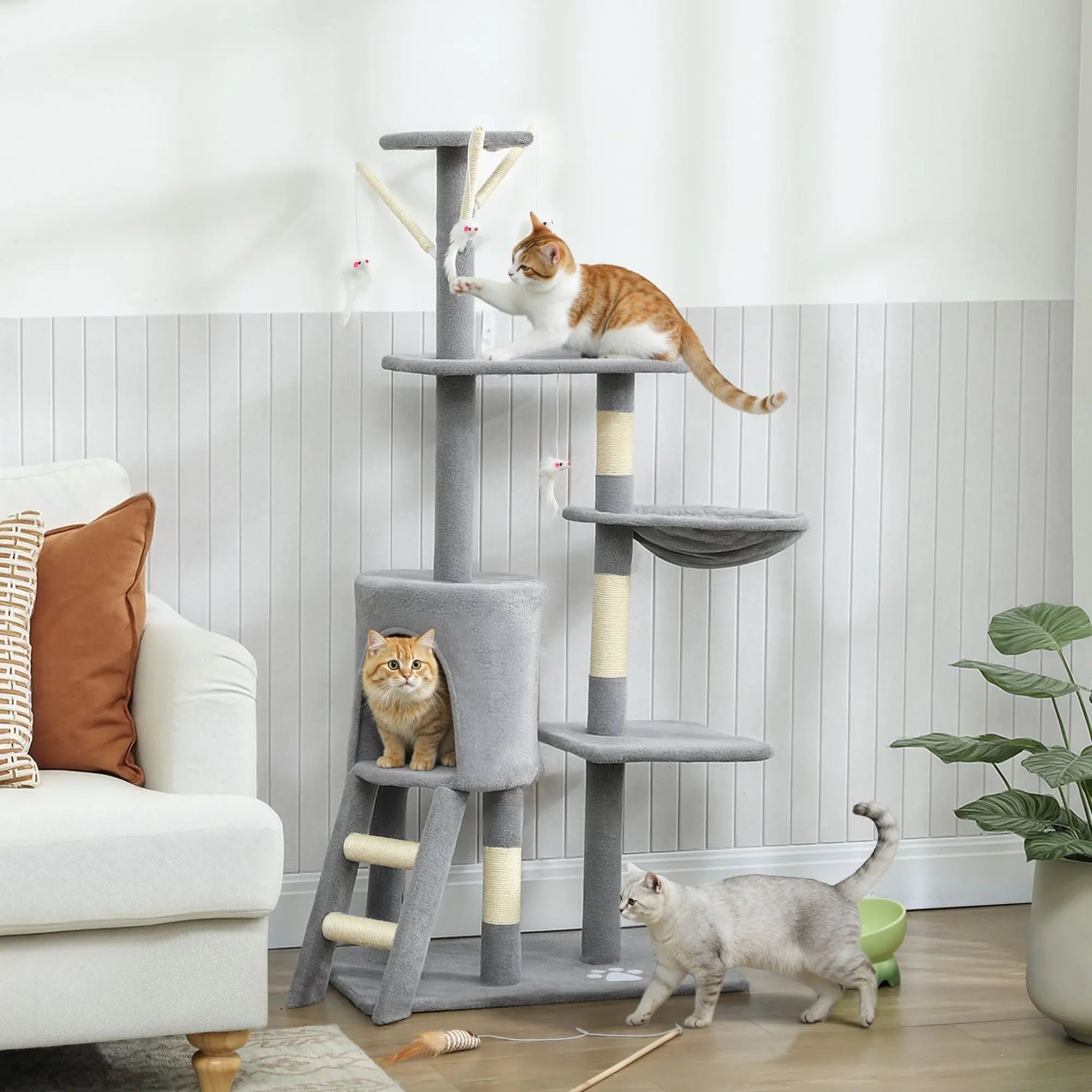 CARLA HOME 134cm Cat Tree for Indoor Cats with Hammock, Plush Perch & Sisal Scratching Posts for Kittens & Adult Cats (Light Grey) Wholesale Hub