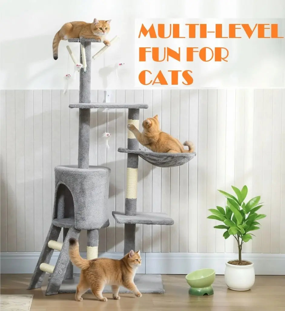 CARLA HOME 134cm Cat Tree for Indoor Cats with Hammock, Plush Perch & Sisal Scratching Posts for Kittens & Adult Cats (Light Grey) Wholesale Hub
