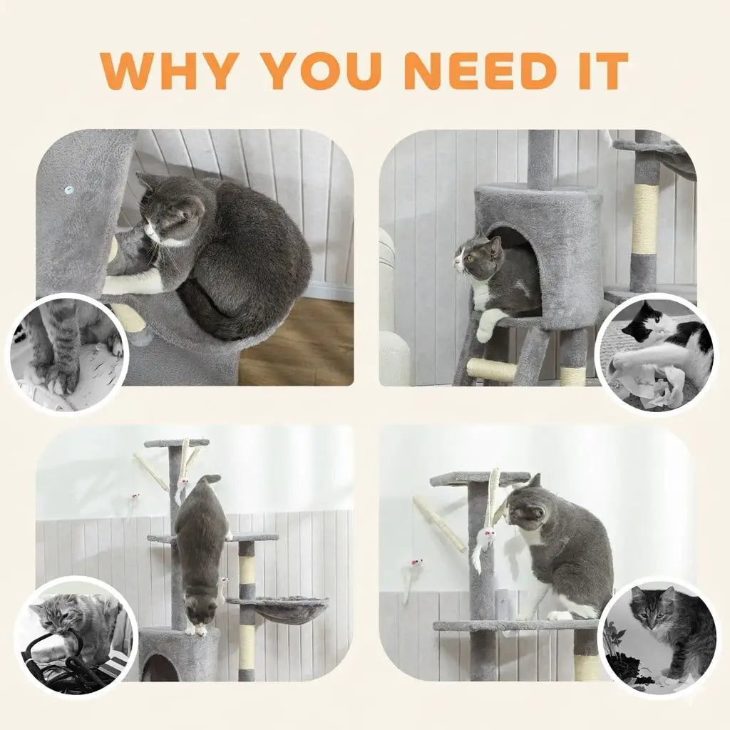 CARLA HOME 134cm Cat Tree for Indoor Cats with Hammock, Plush Perch & Sisal Scratching Posts for Kittens & Adult Cats (Light Grey) Wholesale Hub