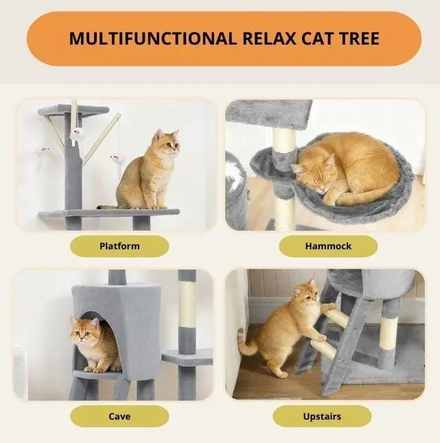 CARLA HOME 134cm Cat Tree for Indoor Cats with Hammock, Plush Perch & Sisal Scratching Posts for Kittens & Adult Cats (Light Grey) Wholesale Hub
