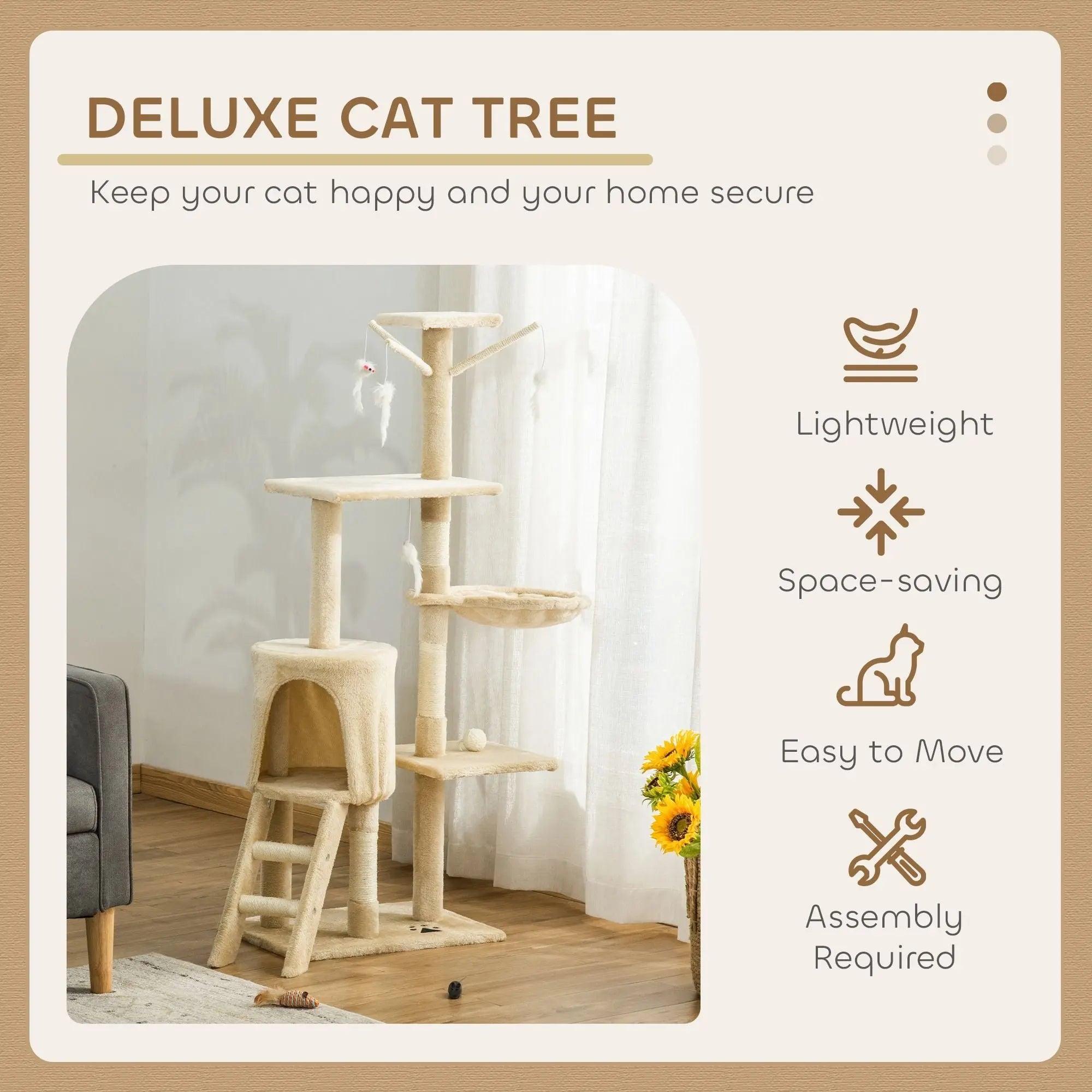 CARLA HOME 134cm Cat Tree for Indoor Cats with Hammock, Plush Perch & Sisal Scratching Posts for Kittens & Adult Cats (Beige) Wholesale Hub