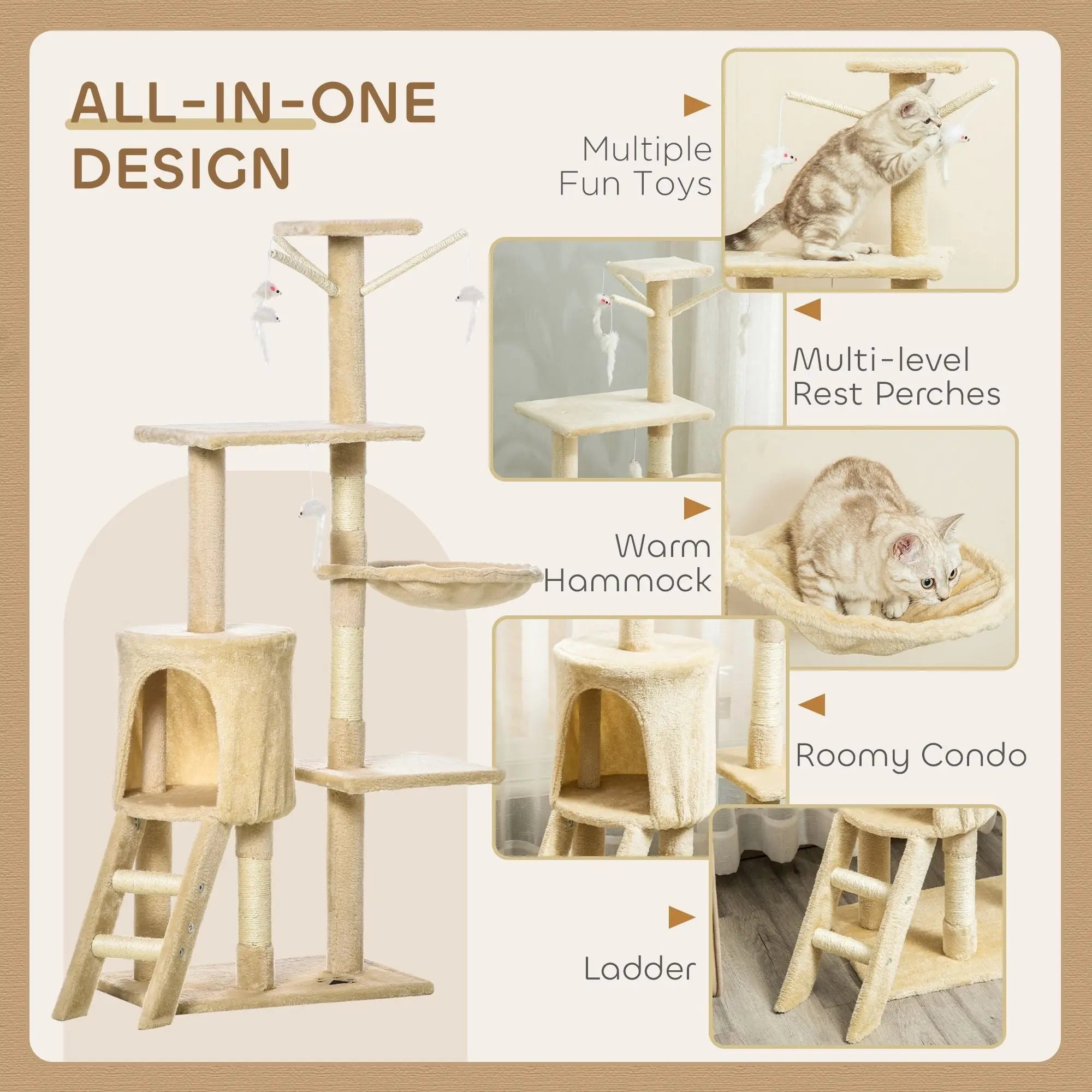 CARLA HOME 134cm Cat Tree for Indoor Cats with Hammock, Plush Perch & Sisal Scratching Posts for Kittens & Adult Cats (Beige) Wholesale Hub