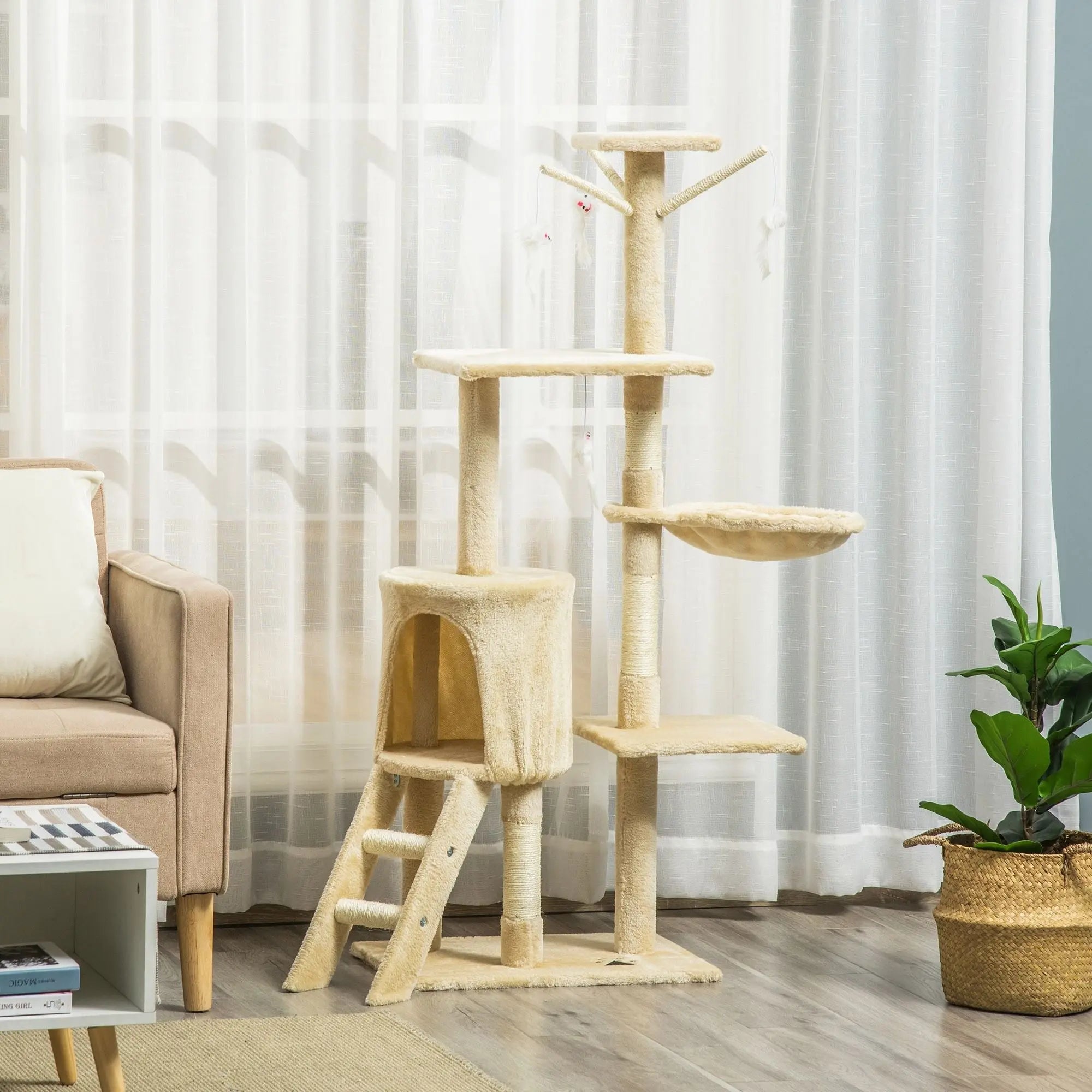 CARLA HOME 134cm Cat Tree for Indoor Cats with Hammock, Plush Perch & Sisal Scratching Posts for Kittens & Adult Cats (Beige) Wholesale Hub