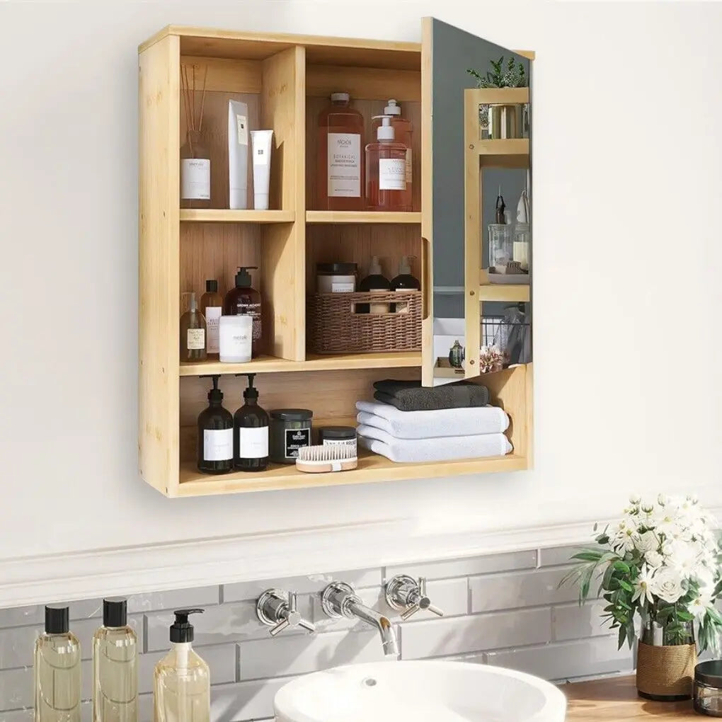Bamboo Wall Medicine Cabinet Mirror 55.5cm 5 Shelf Wholesale Hub