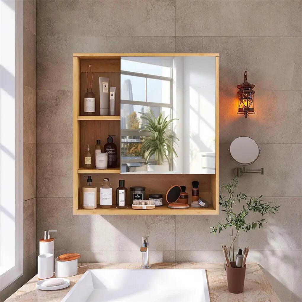 Bamboo Wall Medicine Cabinet Mirror 55.5cm 5 Shelf Wholesale Hub