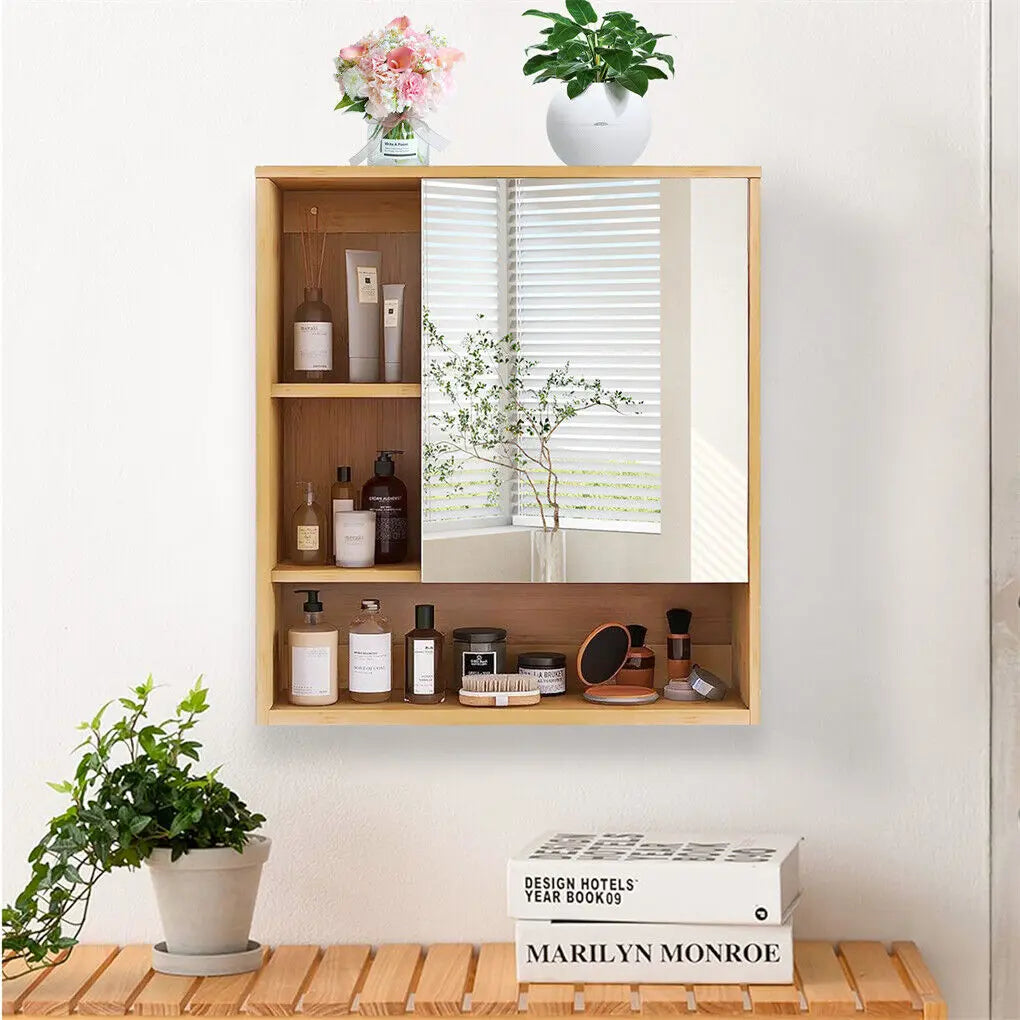 Bamboo Wall Medicine Cabinet Mirror 55.5cm 5 Shelf Wholesale Hub