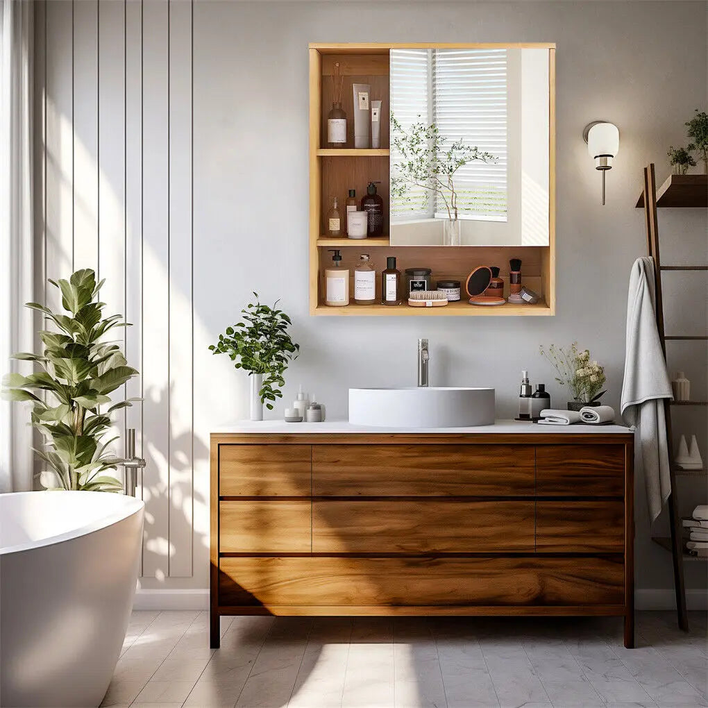 Bamboo Wall Medicine Cabinet Mirror 55.5cm 5 Shelf Wholesale Hub
