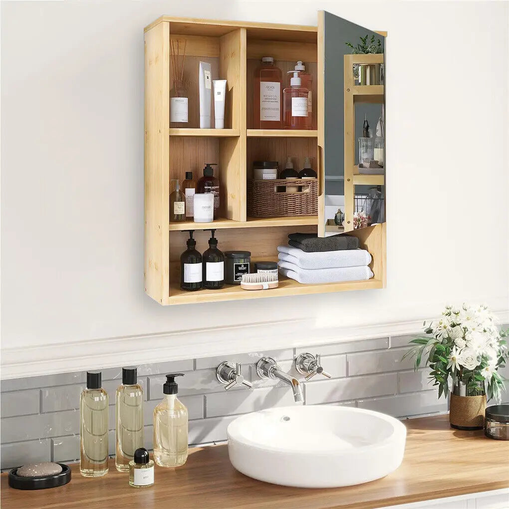 Bamboo Wall Medicine Cabinet Mirror 55.5cm 5 Shelf Wholesale Hub