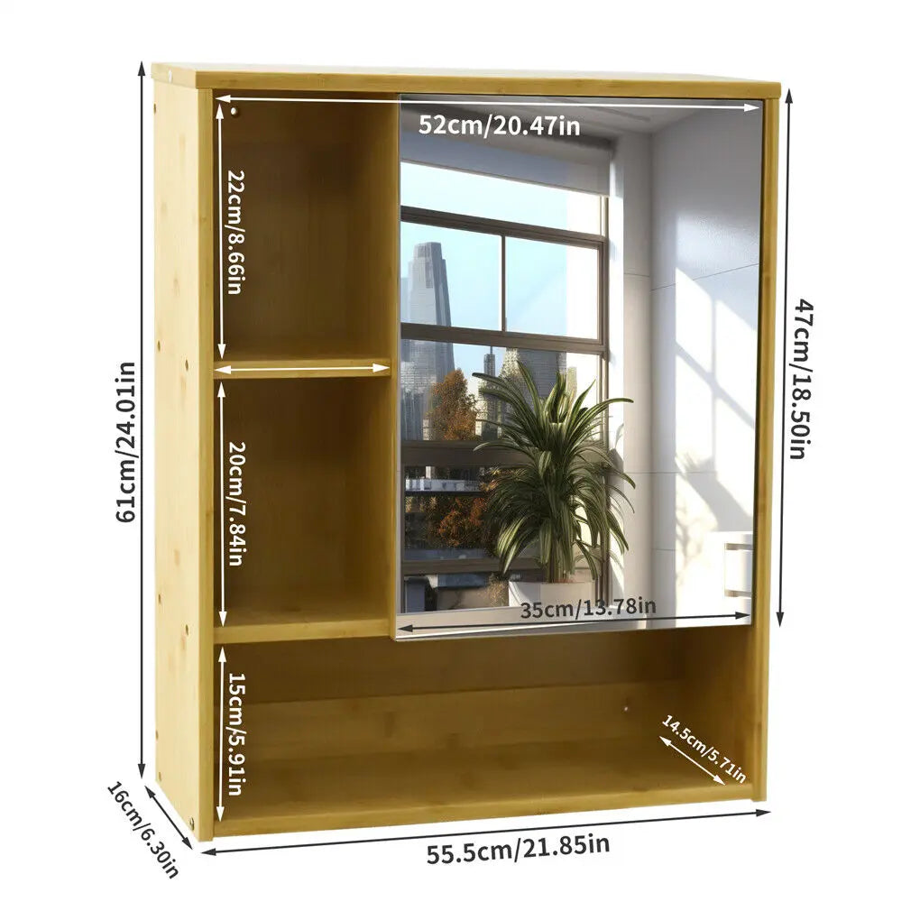Bamboo Wall Medicine Cabinet Mirror 55.5cm 5 Shelf Wholesale Hub