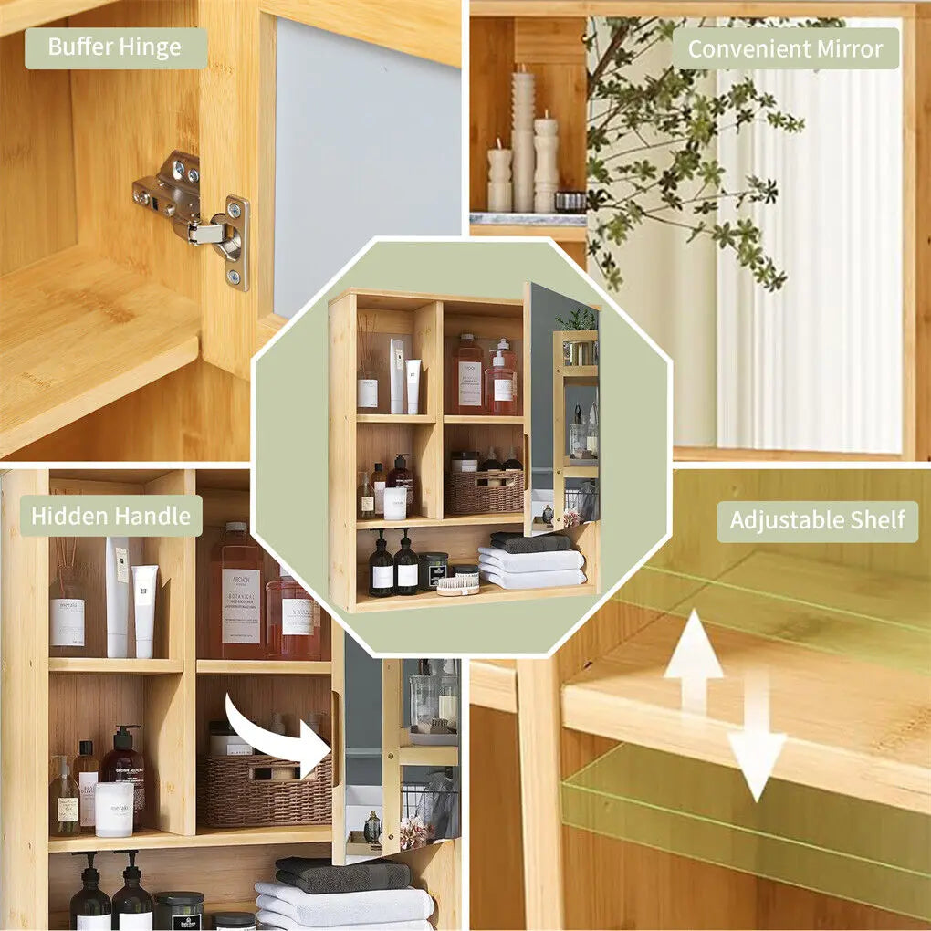 Bamboo Wall Medicine Cabinet Mirror 55.5cm 5 Shelf Wholesale Hub