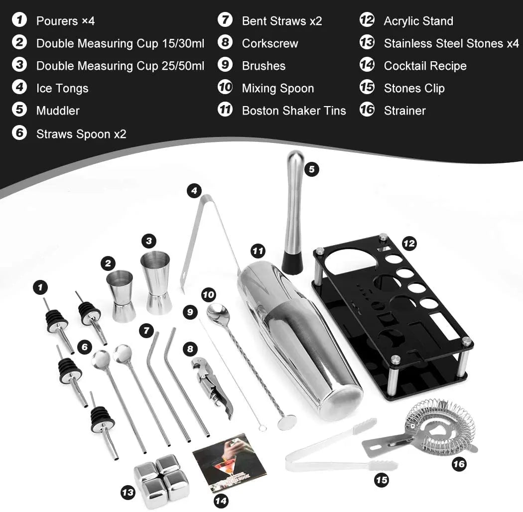 Cocktail Shaker Set Boston 23-Piece Stainless Steel and Professional Bar Tools for Drink Mixing Wholesale Hub