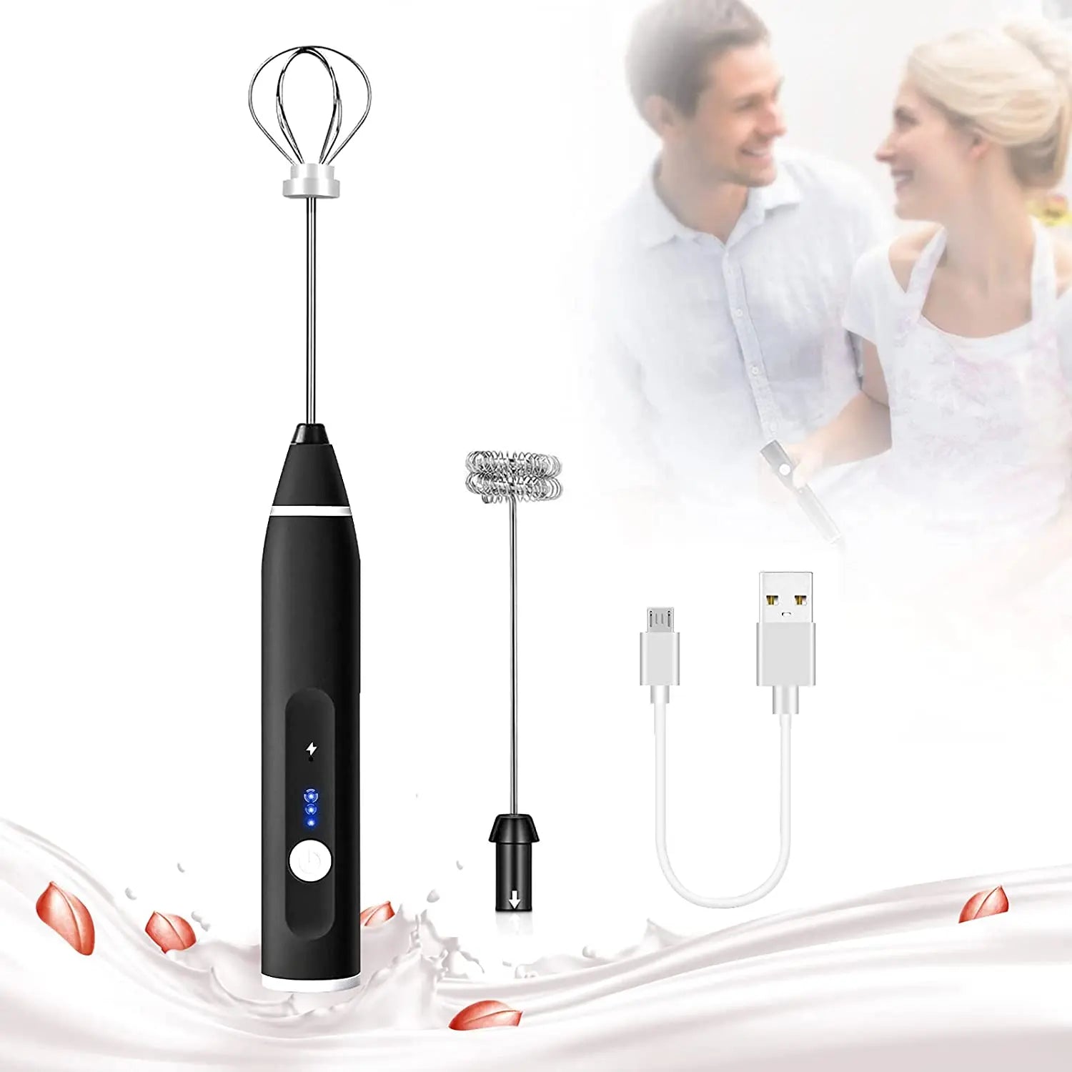 Black Rechargeable Electric Milk Frother Handheld (3 Speeds) Wholesale Hub