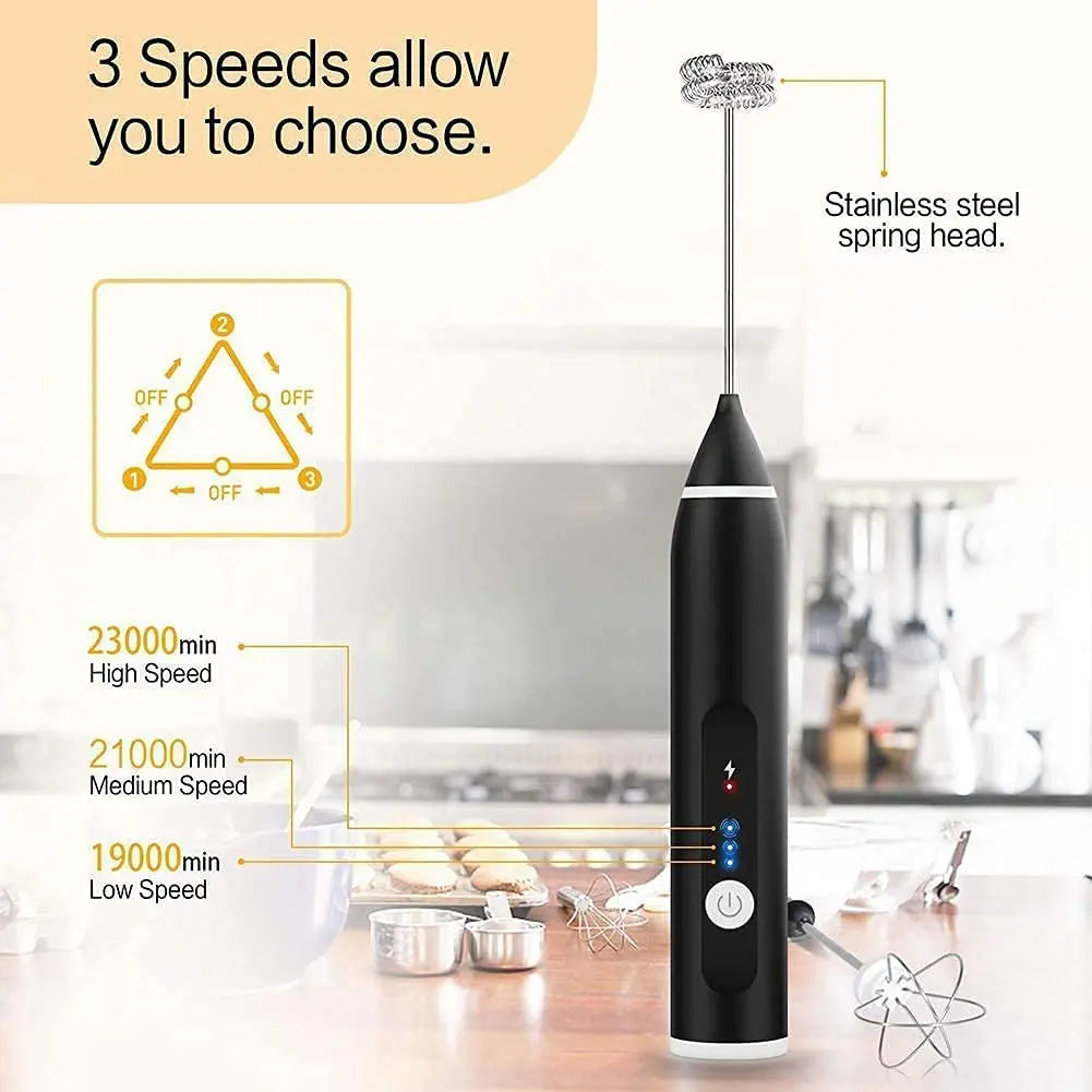 Black Rechargeable Electric Milk Frother Handheld (3 Speeds) Wholesale Hub