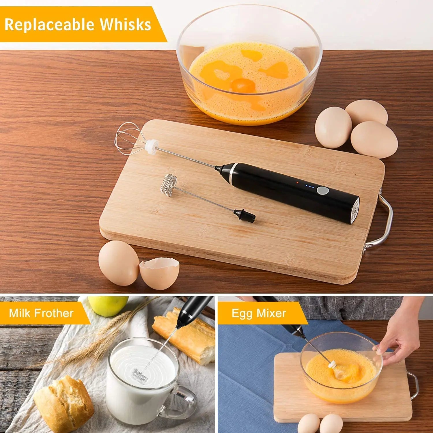 Black Rechargeable Electric Milk Frother Handheld (3 Speeds) Wholesale Hub