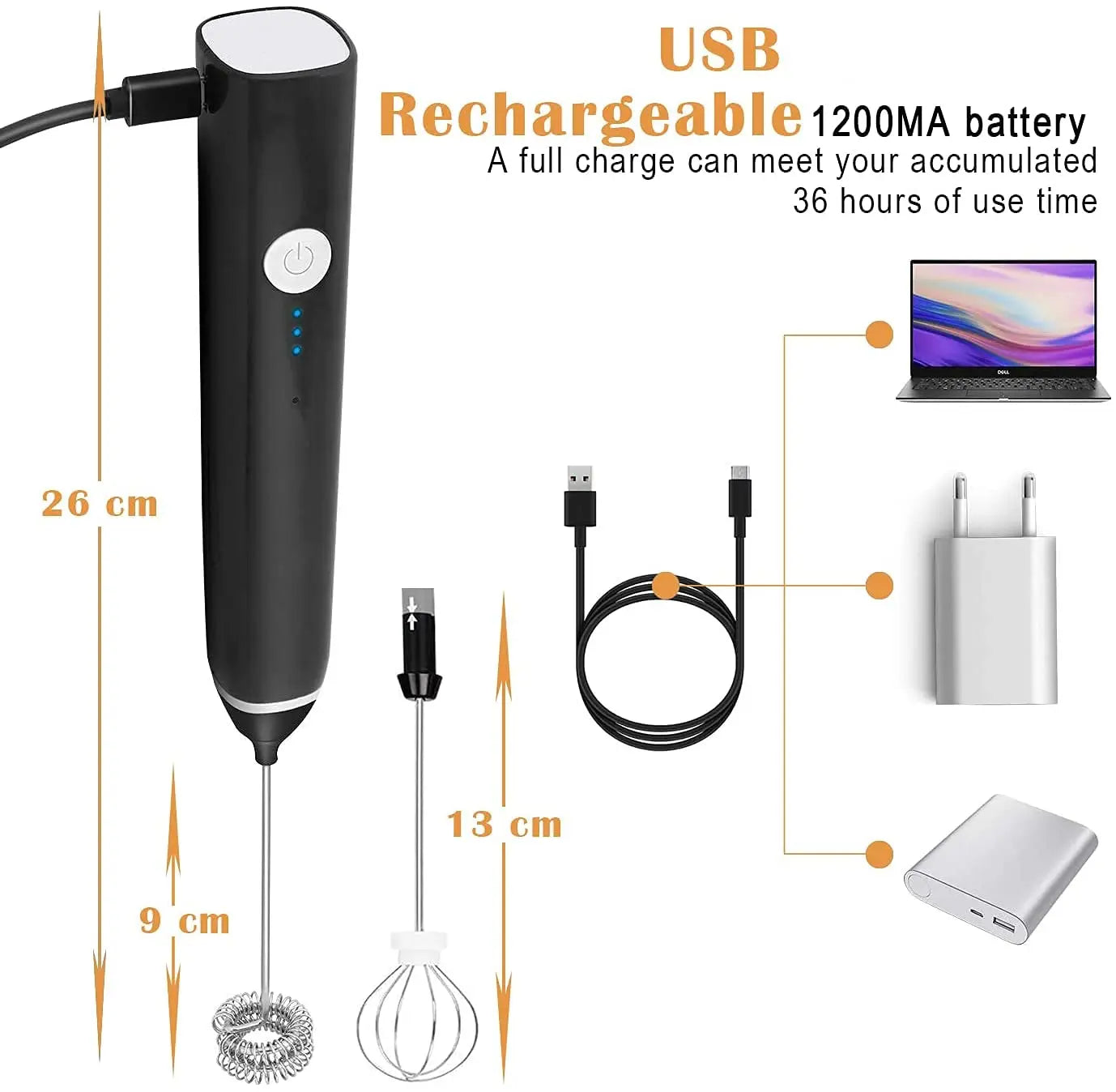 Black Rechargeable Electric Milk Frother Handheld (3 Speeds) Wholesale Hub