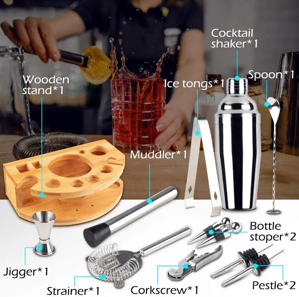 Cocktail Shaker Set Bartender Kit with Bamboo frame and 12 Pieces Stainless Steel Bar Tool Set Wholesale Hub