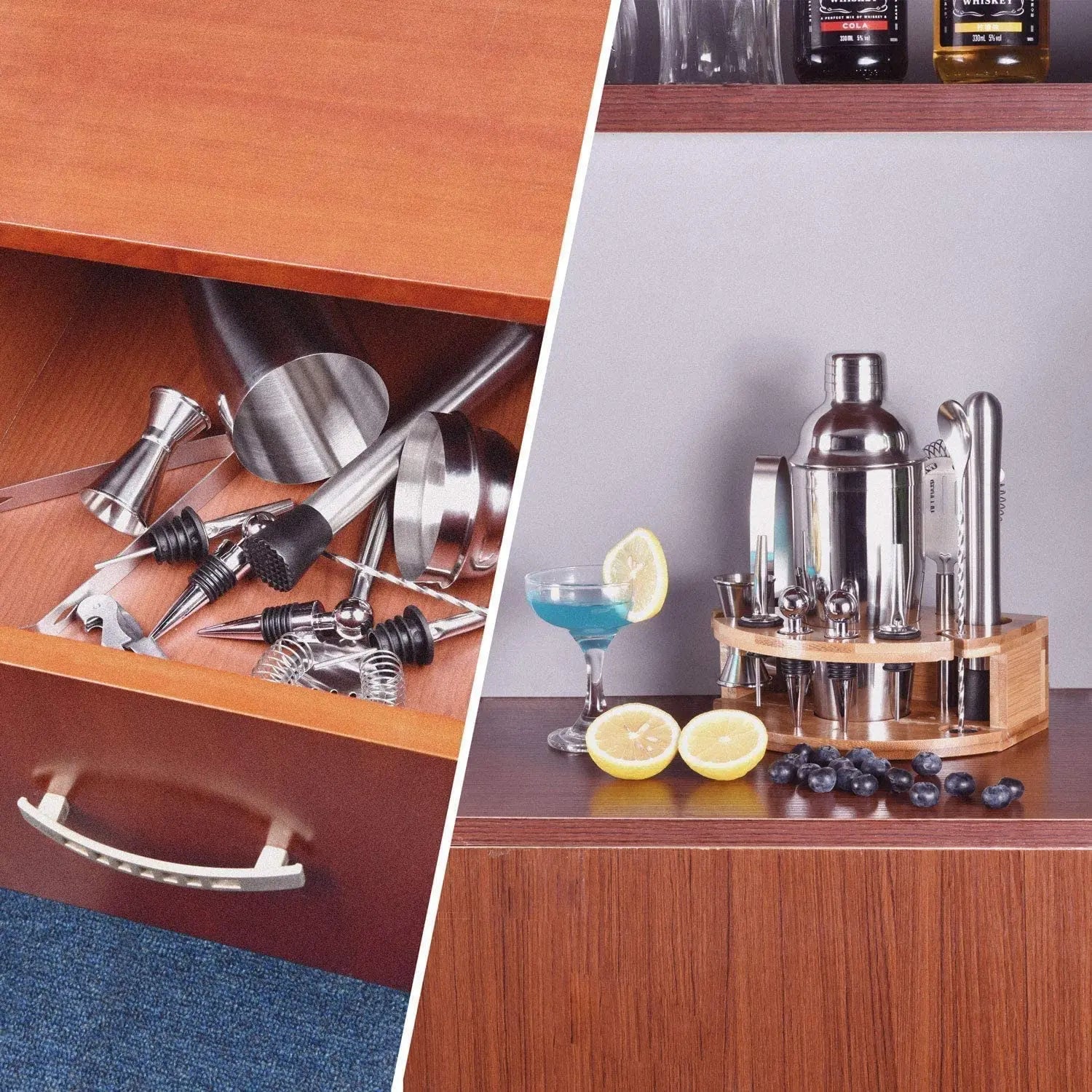 Cocktail Shaker Set Bartender Kit with Bamboo frame and 12 Pieces Stainless Steel Bar Tool Set Wholesale Hub