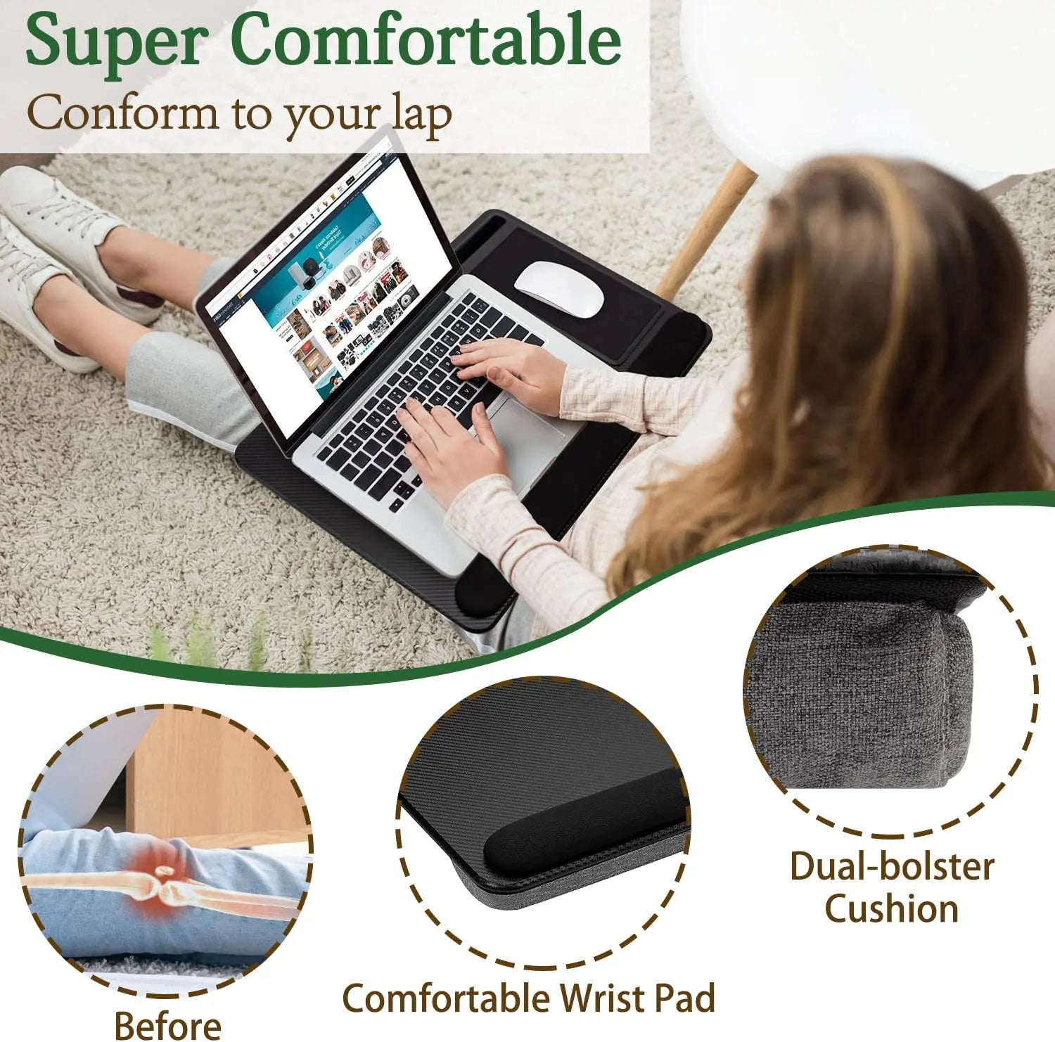 Portable Laptop Desk with Device Ledge, Mouse Pad and Phone Holder for Home Office (Black, 43cm) Wholesale Hub