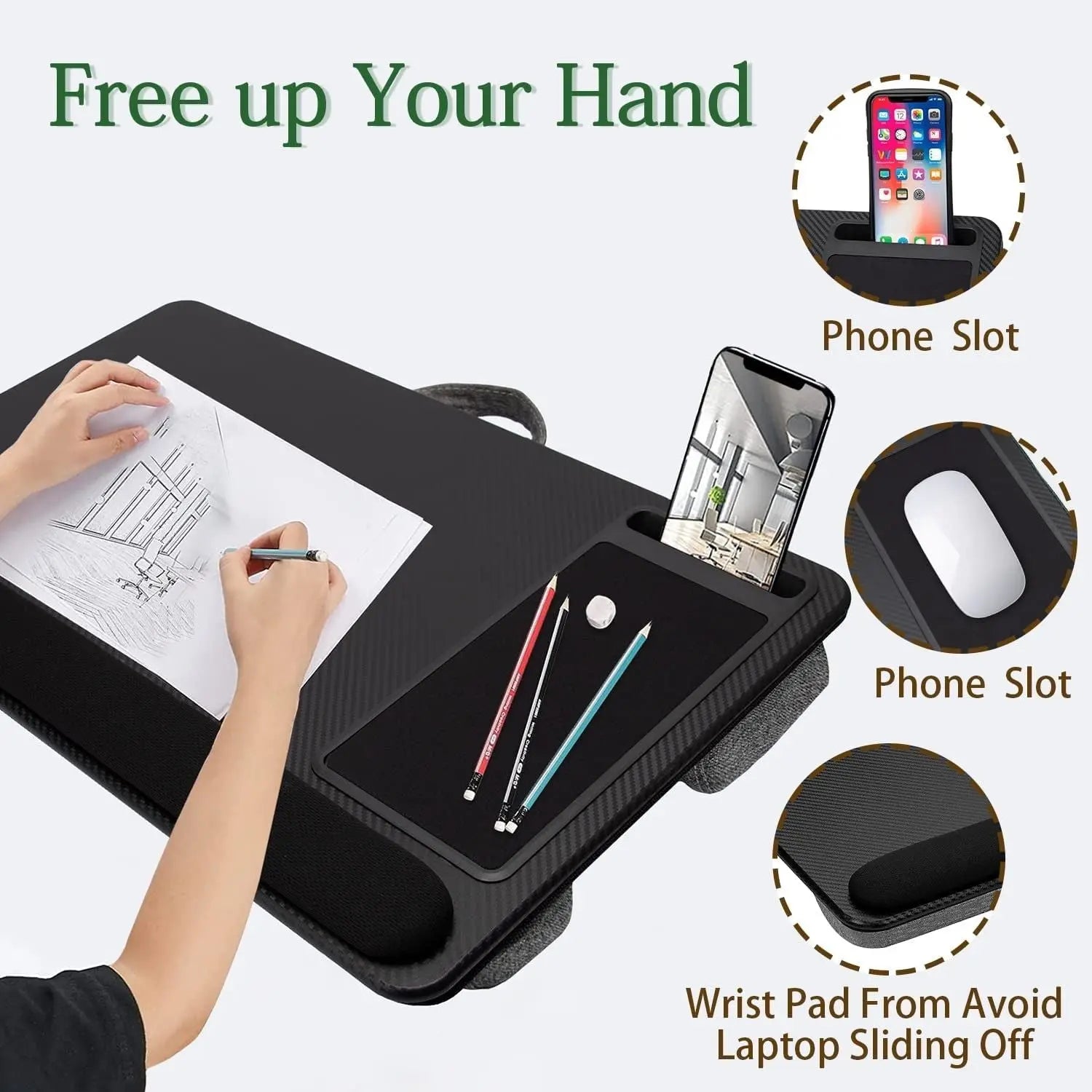 Portable Laptop Desk with Device Ledge, Mouse Pad and Phone Holder for Home Office (Black, 43cm) Wholesale Hub