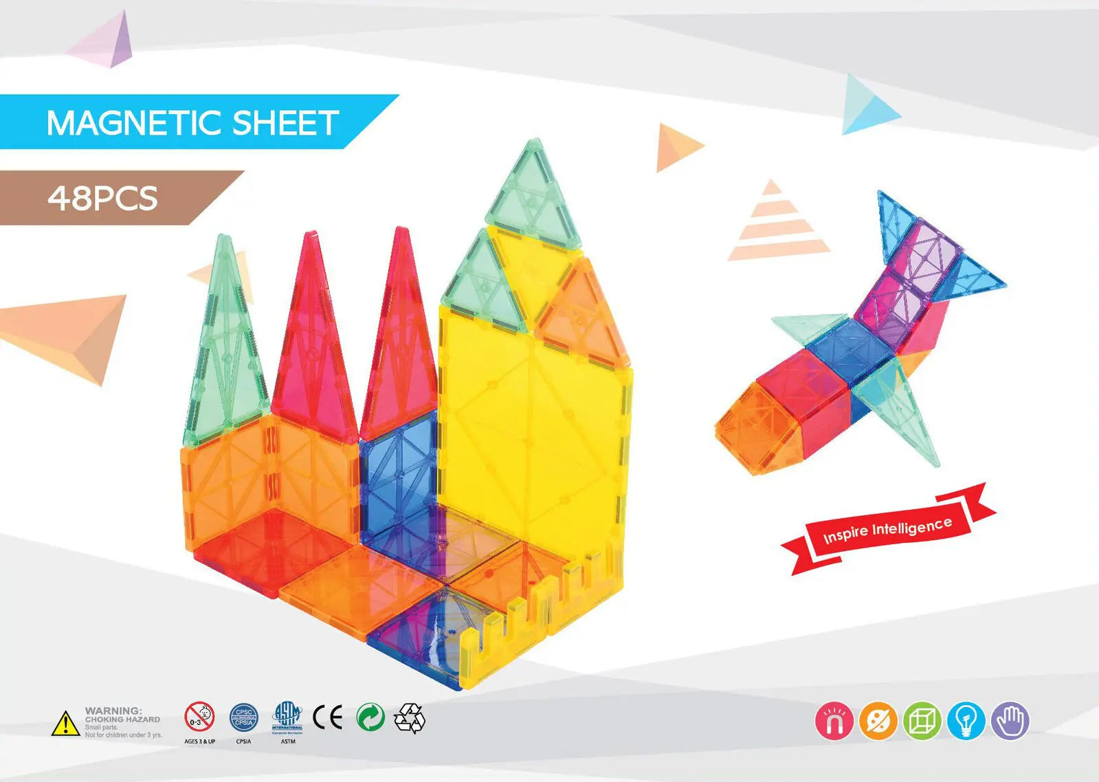 48 Pcs non-toxic STEM Educational, Durable Magnetic Tiles/Puzzle with Storage Bag Wholesale Hub