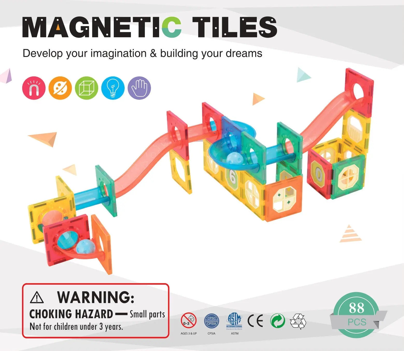 88 Pcs non-toxic STEM Educational, Durable Magnetic Tiles/Puzzle with Storage Bag Wholesale Hub