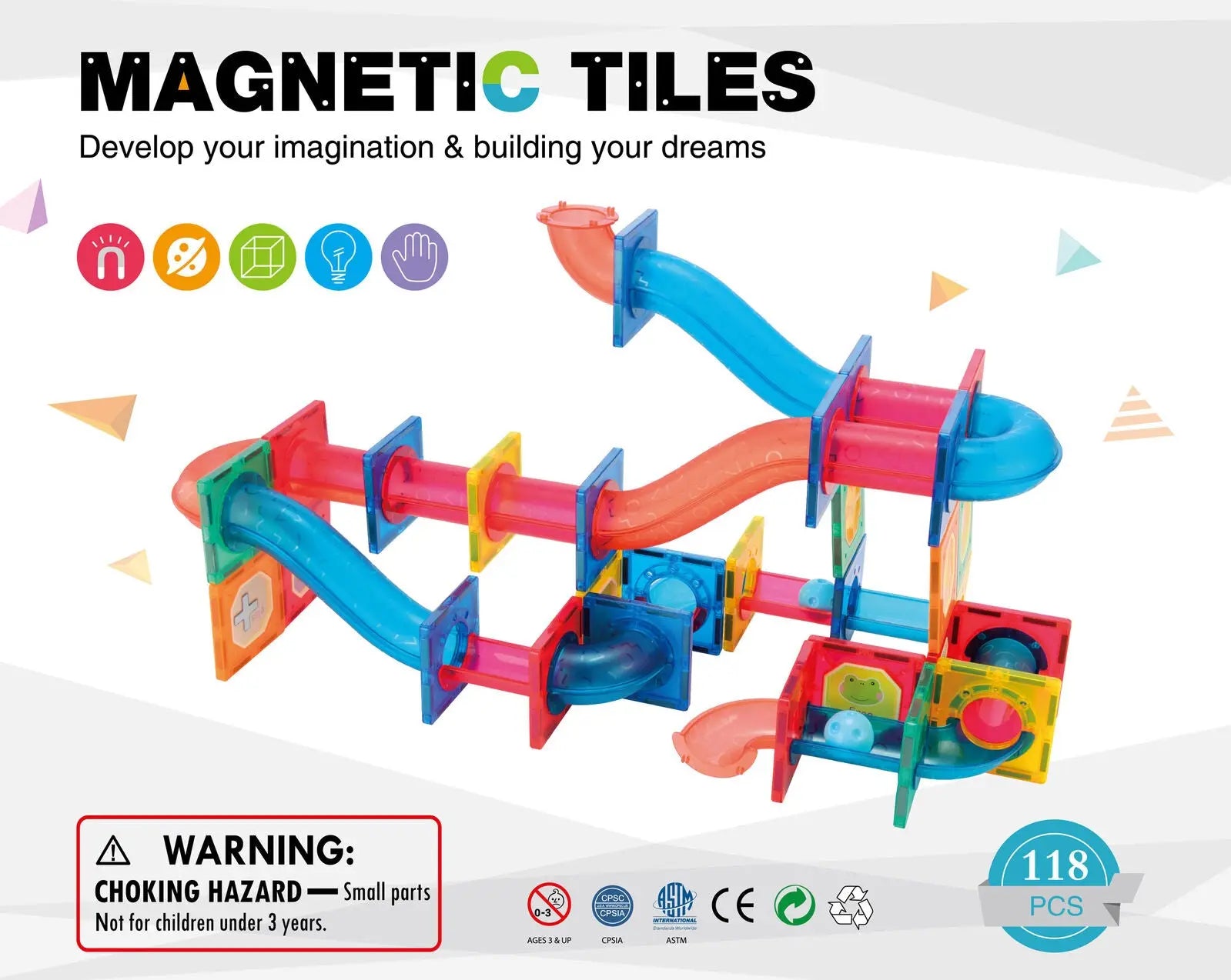 118 Pcs non-toxic STEM Educational, Durable Magnetic Tiles/Puzzle with Storage Bag Wholesale Hub