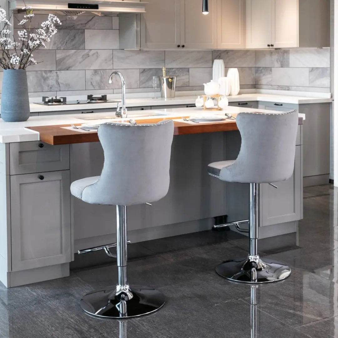 2x Height Adjustable Swivel Bar Stool Velvet Stud Barstool with Footrest and Chromed Base- Gray