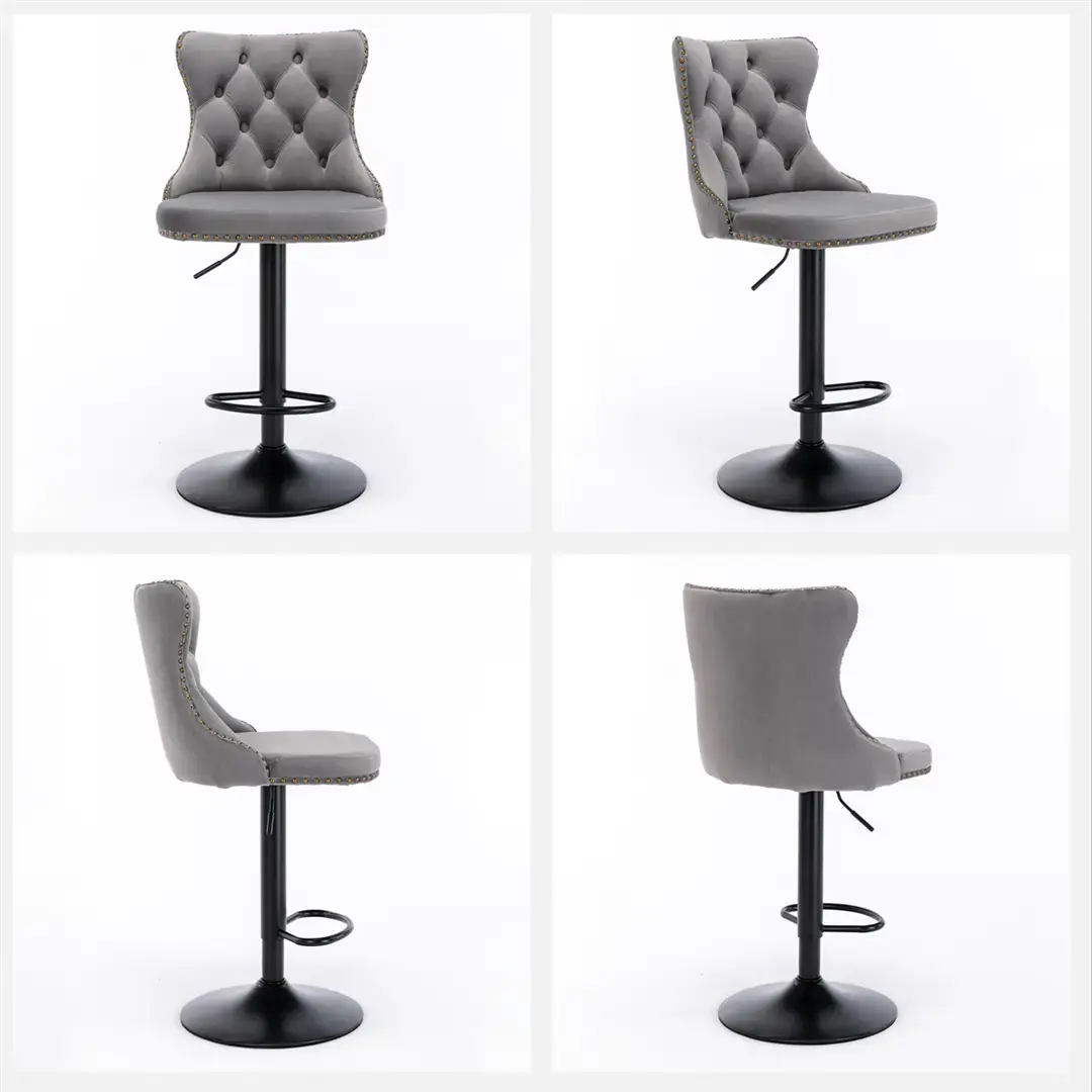 2x Height Adjustable Swivel Bar Stool Velvet Nailhead Barstool with Footrest