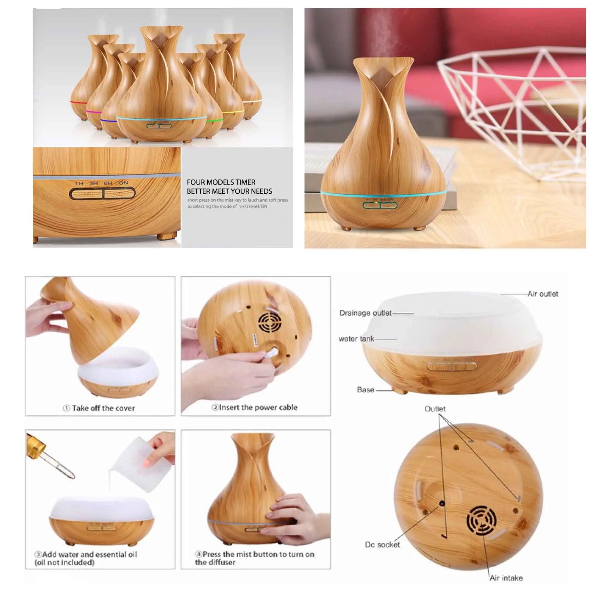 Essential Oil Aroma Diffuser Tulip Light Wood -Ultrasonic Mist Humidifier Wholesale Hub