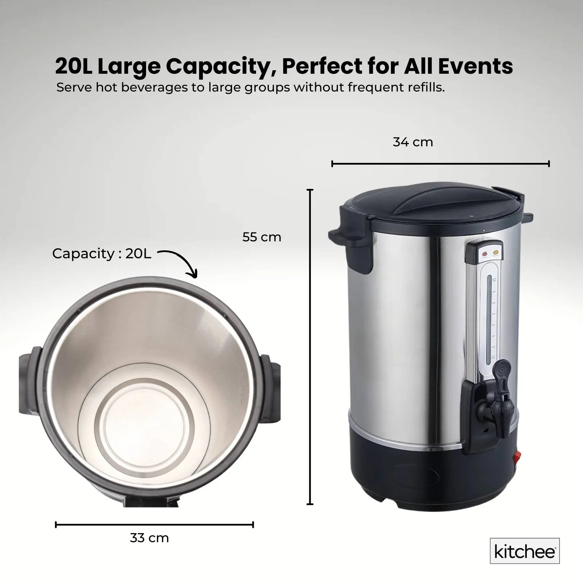 Kitchee 20L Electric Water Boiler - Stainless Steel Commercial Hot Liquid Urn Wholesale Hub