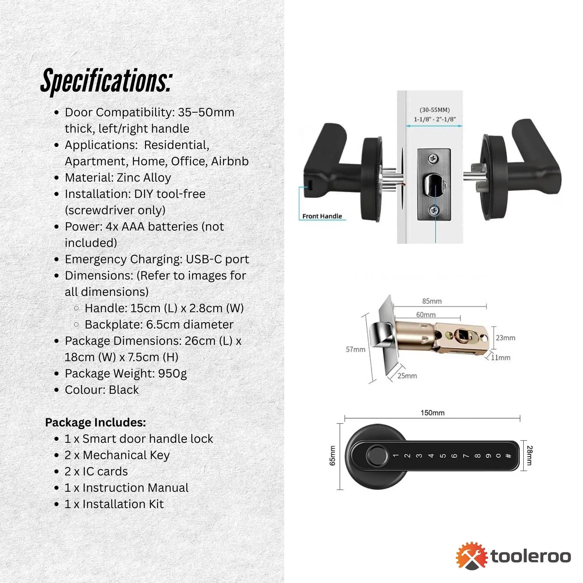Tooleroo Digital Smart Door Lock Handle - 5in1 Keypad Home Entry Security System Wholesale Hub