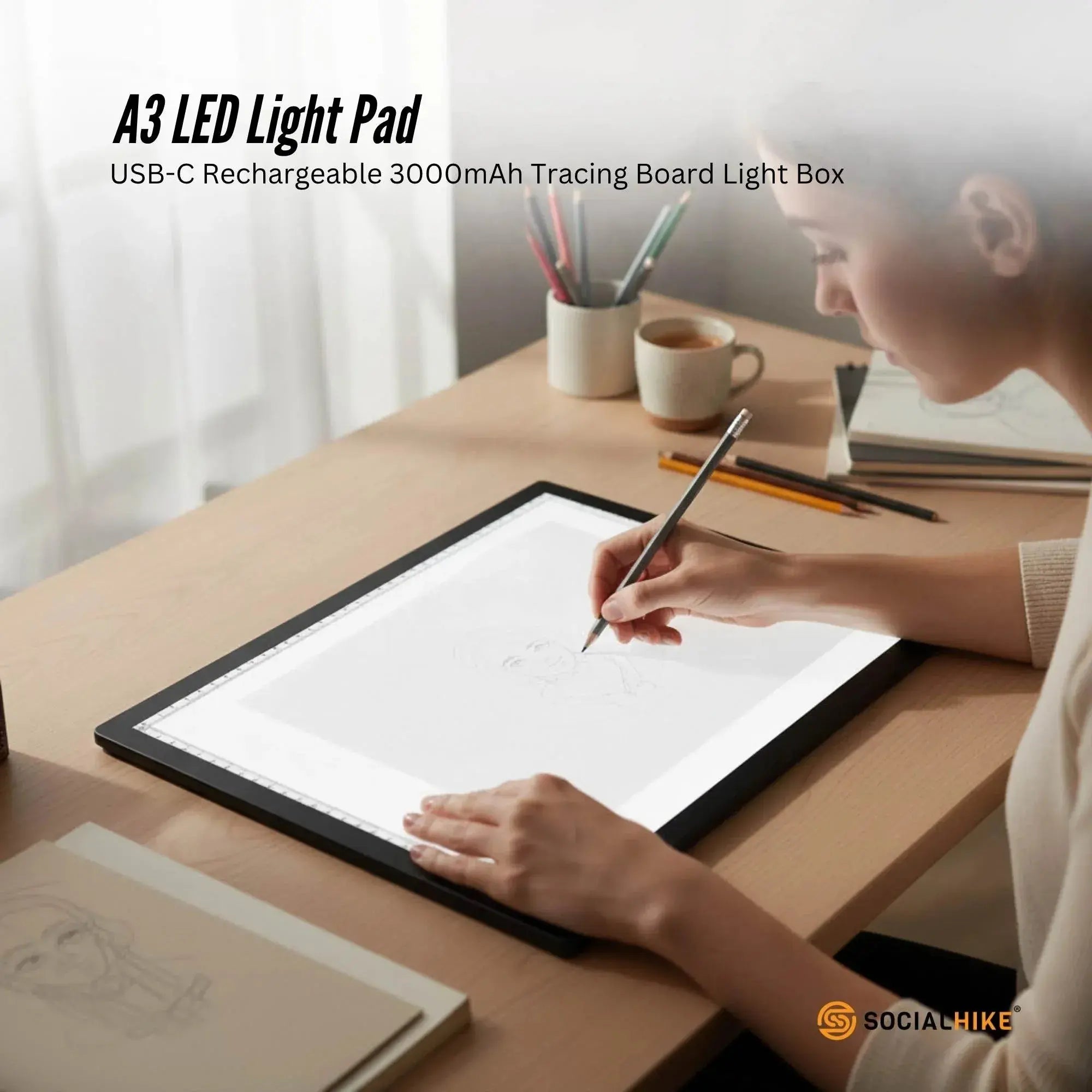Social Hike A3 LED Light Pad Tracing Board Rechargeable USB-C 3000mAh Light Box Wholesale Hub