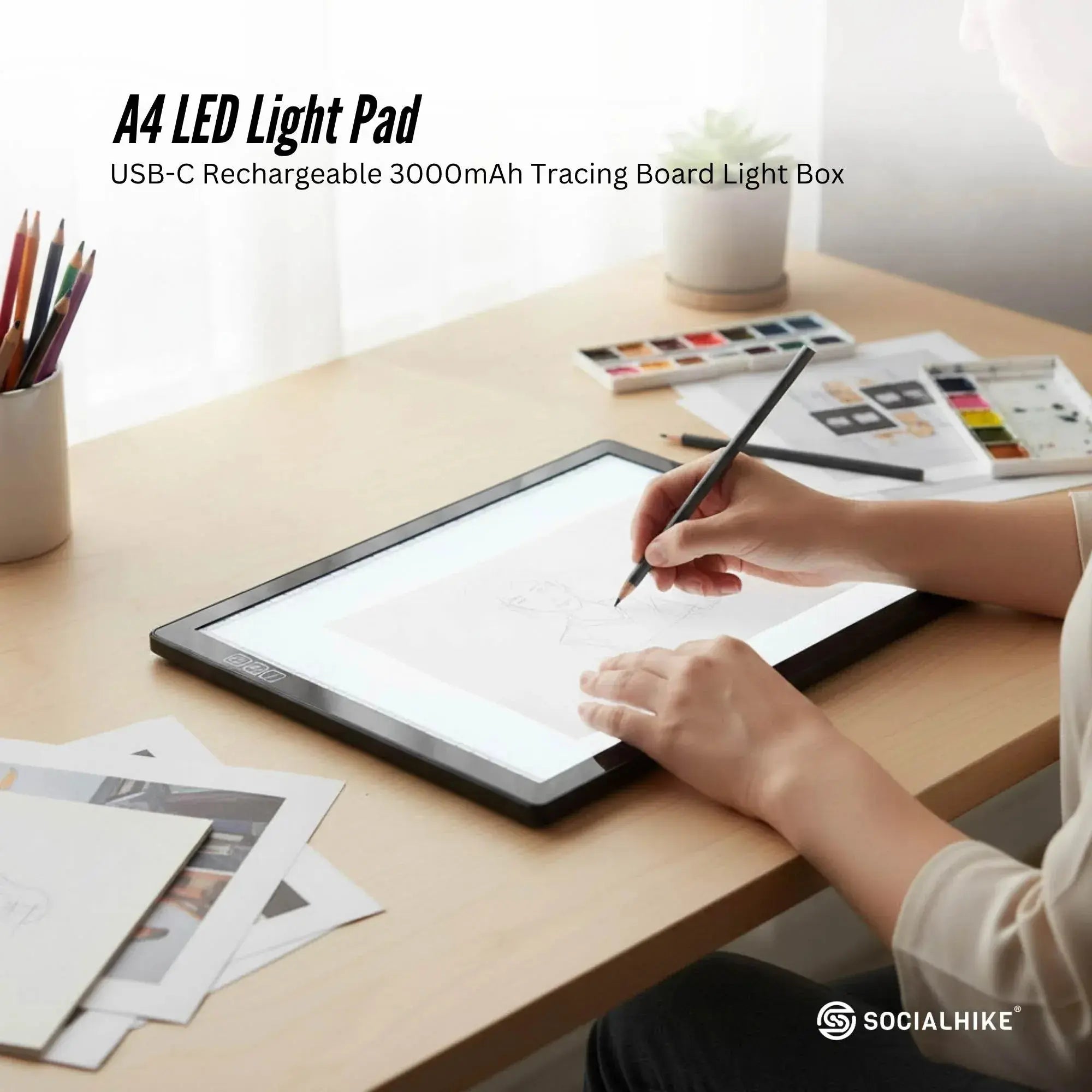 Social Hike A4 LED Light Pad Tracing Board Rechargeable USB-C 3000mAh Light Box Wholesale Hub