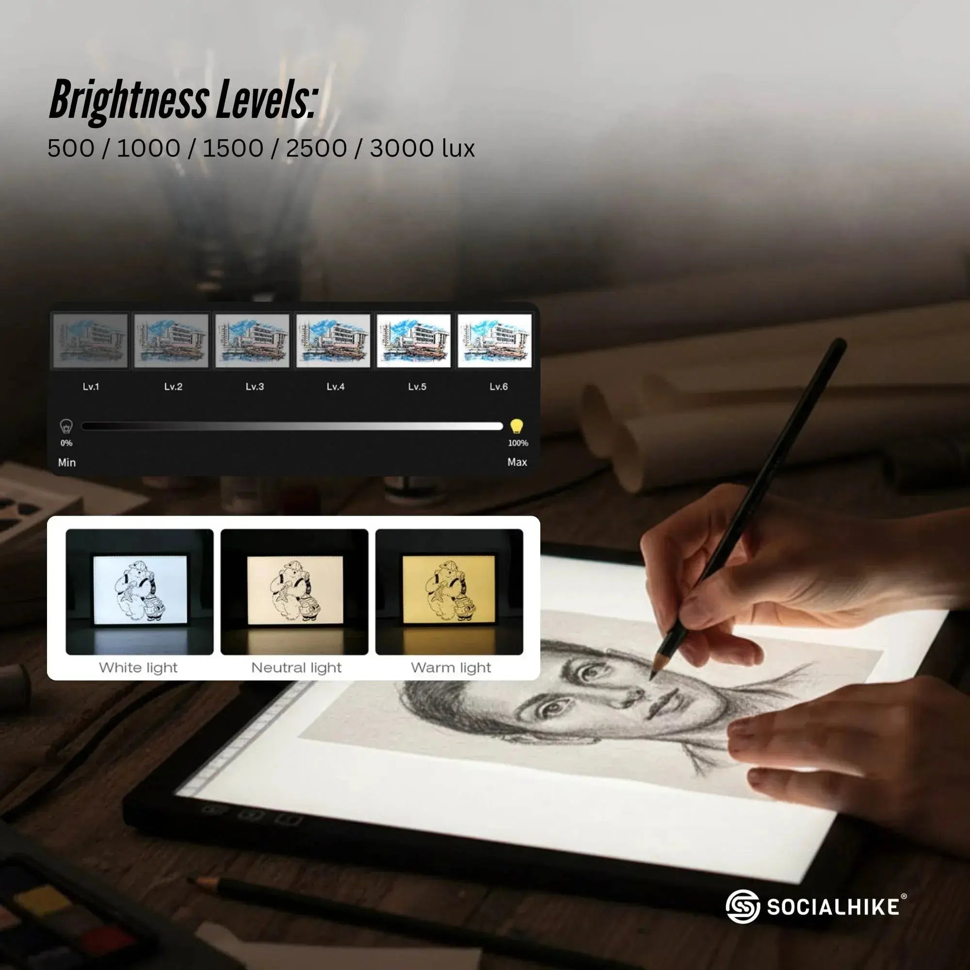 Social Hike A4 LED Light Pad Tracing Board Rechargeable USB-C 3000mAh Light Box Wholesale Hub