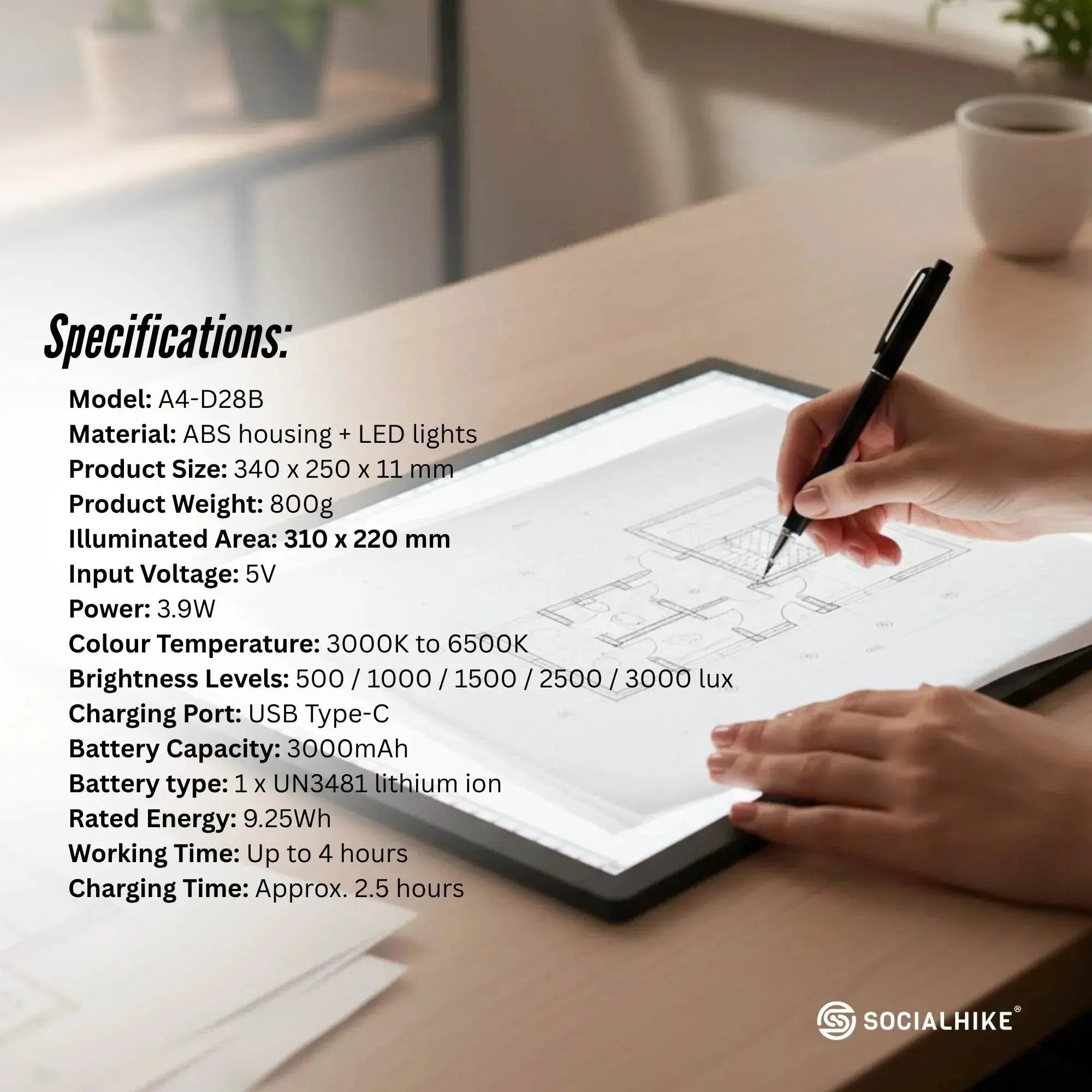 Social Hike A4 LED Light Pad Tracing Board Rechargeable USB-C 3000mAh Light Box Wholesale Hub
