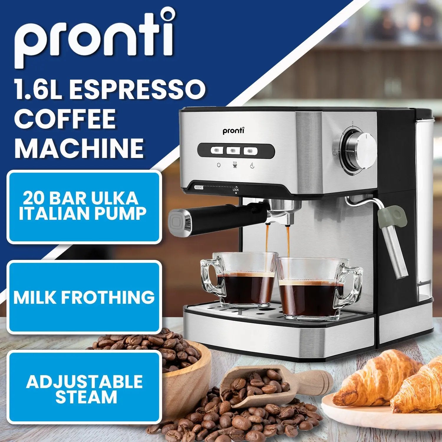 Pronti 1.6L Automatic Coffee Espresso Machine with Steam Frother Wholesale Hub