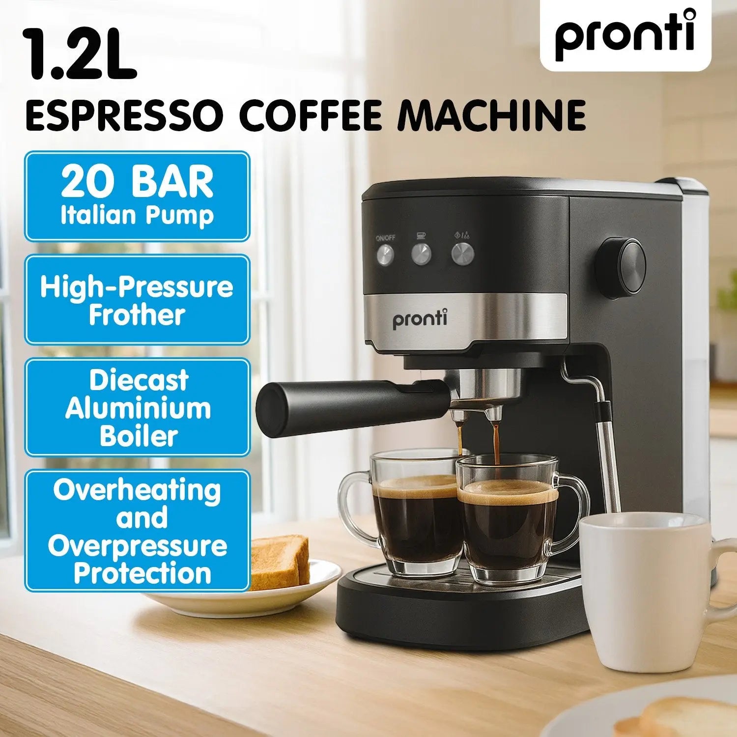 Pronti CM-850D Coffee Machine 20 Bar Espresso Maker with Milk Frother and 1.25L Tank Wholesale Hub