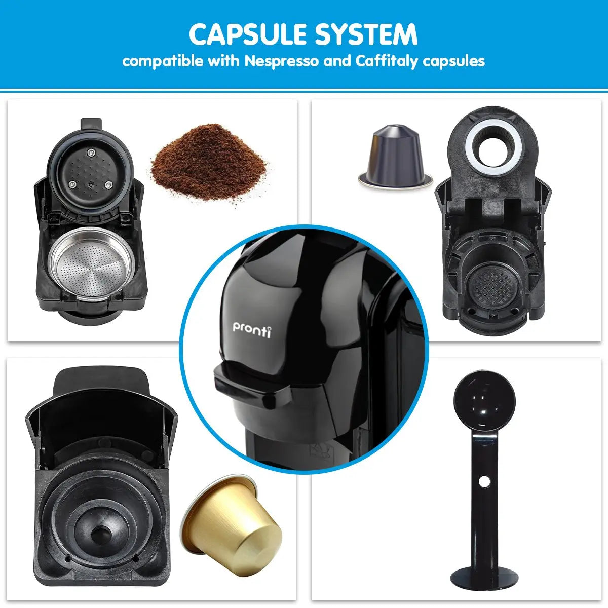 Pronti HomeMaid 3-in-1 Coffee Machine Multi-Capsule Pods and Ground Coffee Nespresso & Caffitaly Compatible CM-511HM Wholesale Hub