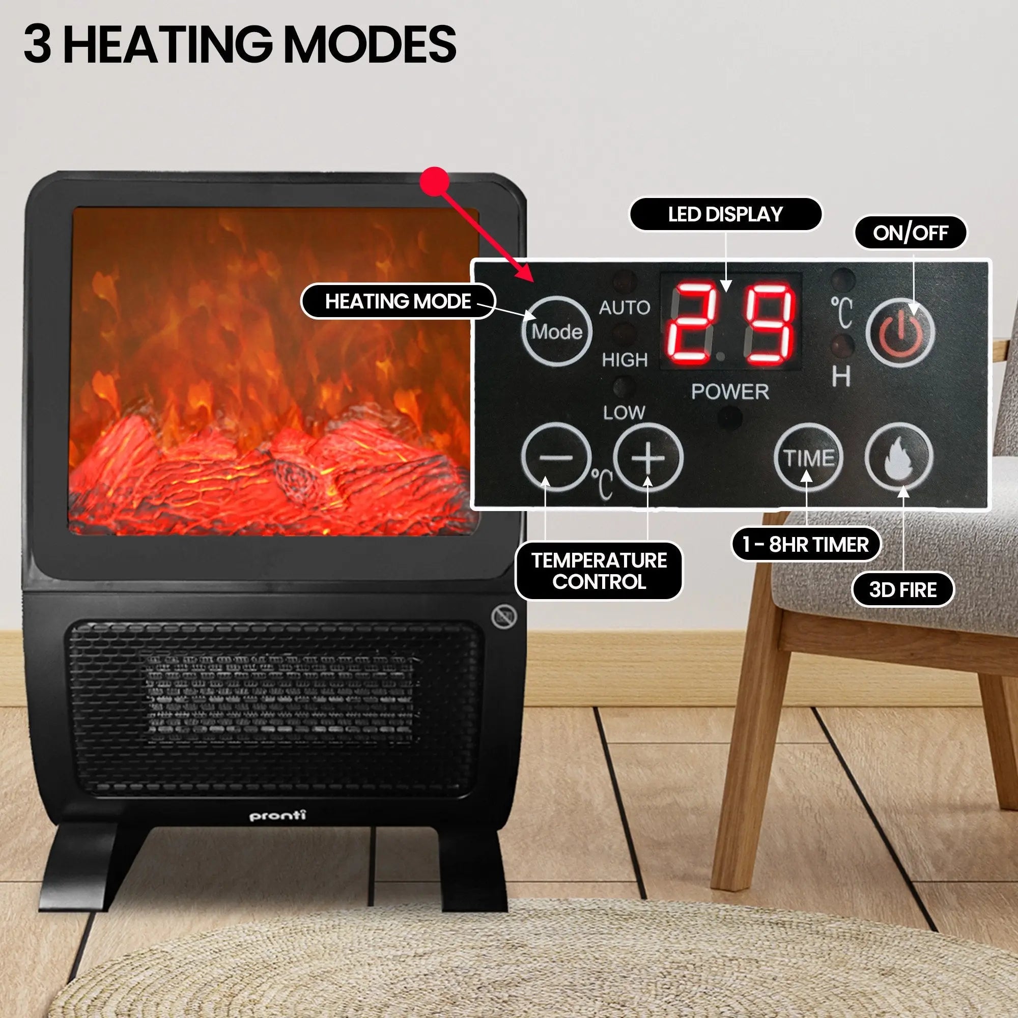 Pronti 2000W 3D Fire PTC Electric Portable Room Heater Wholesale Hub
