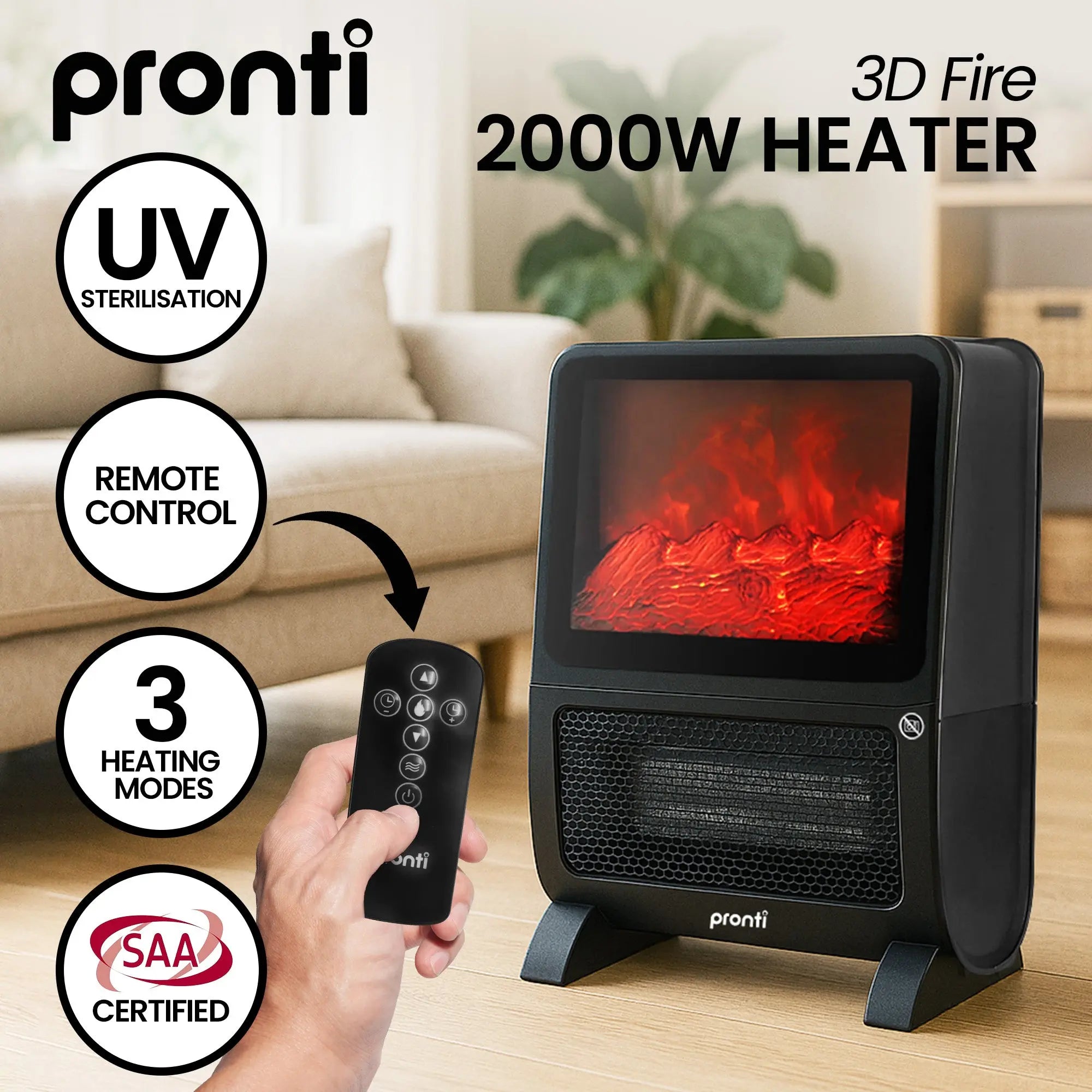 Pronti 2000W 3D Fire PTC Electric Portable Room Heater Wholesale Hub