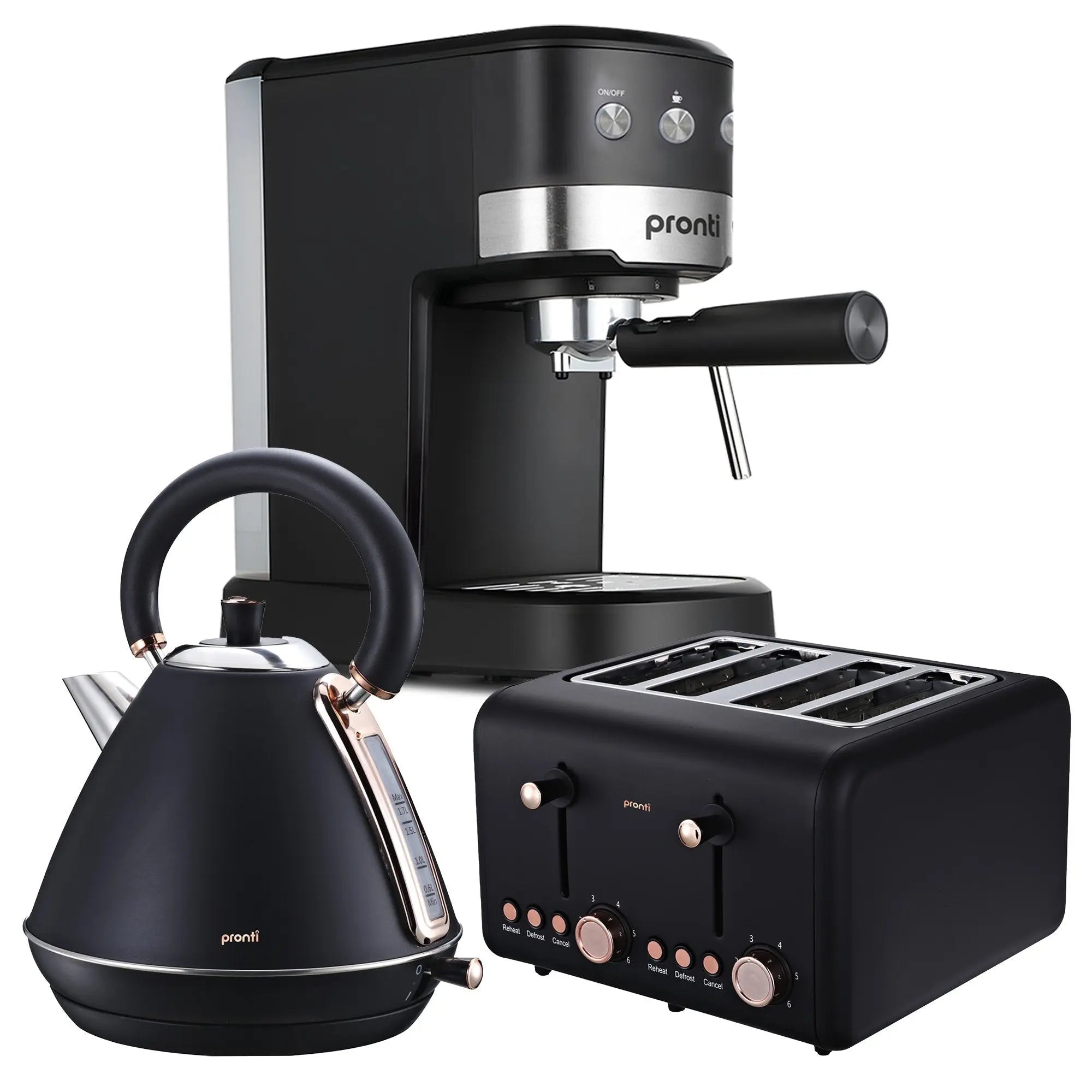Pronti Breakfast Set with Rose Gold Kettle & Toaster with 1.2L Espresso Machine - Black Wholesale Hub