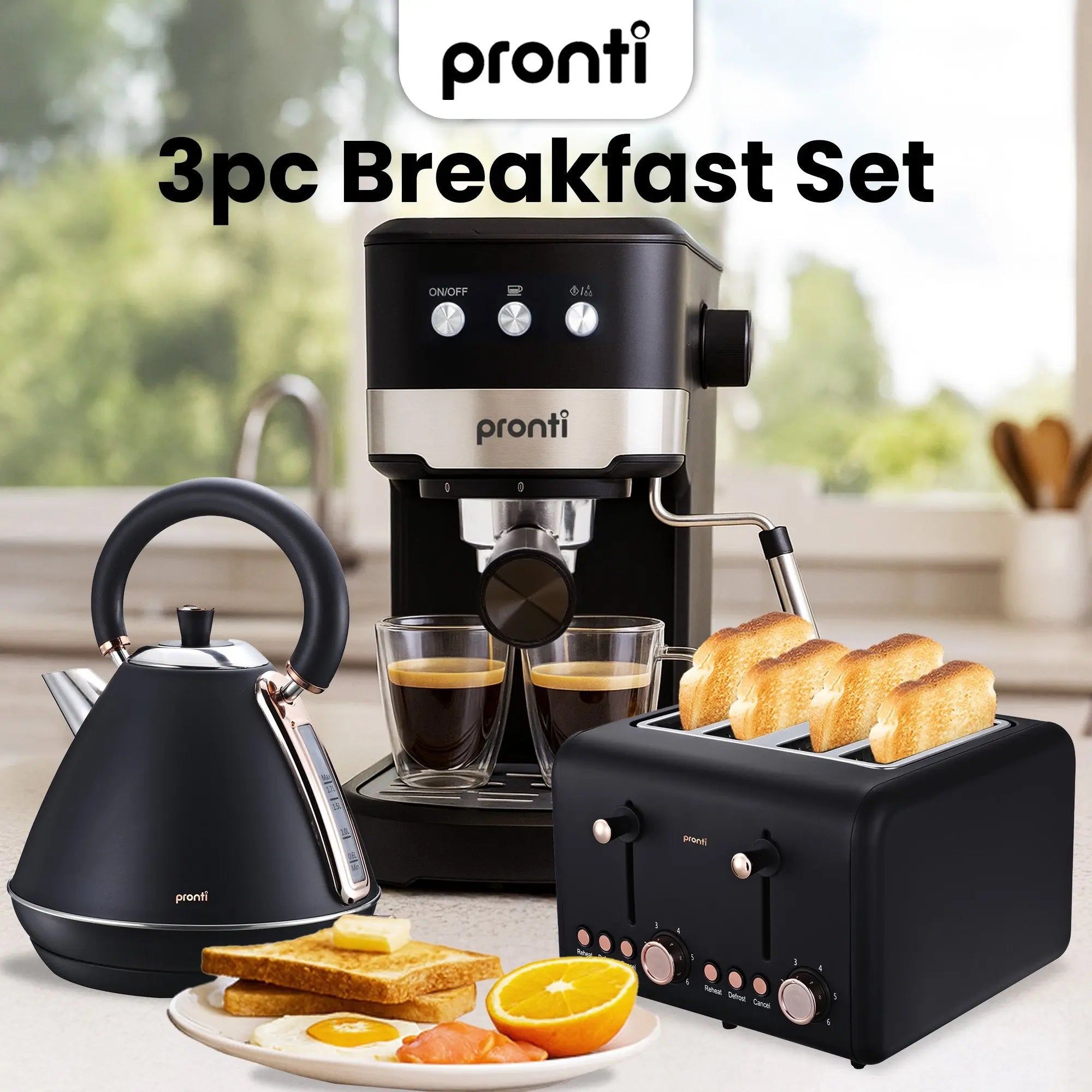 Pronti Breakfast Set with Rose Gold Kettle & Toaster with 1.2L Espresso Machine - Black Wholesale Hub